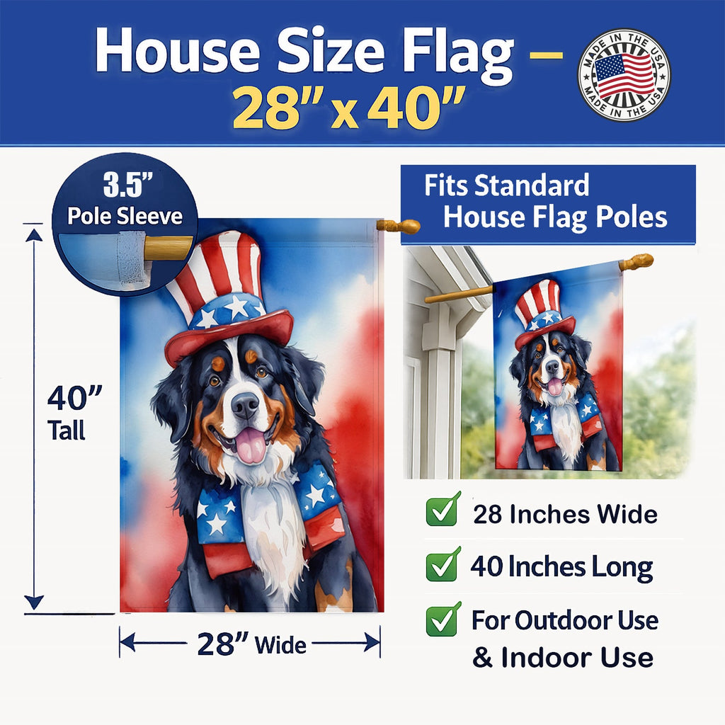 Bernese Mountain Dog Patriotic American House Flag 28x40 Porch Sleeve Pole Decorative Outside Yard Banner Artwork Wall Hanging, Polyester