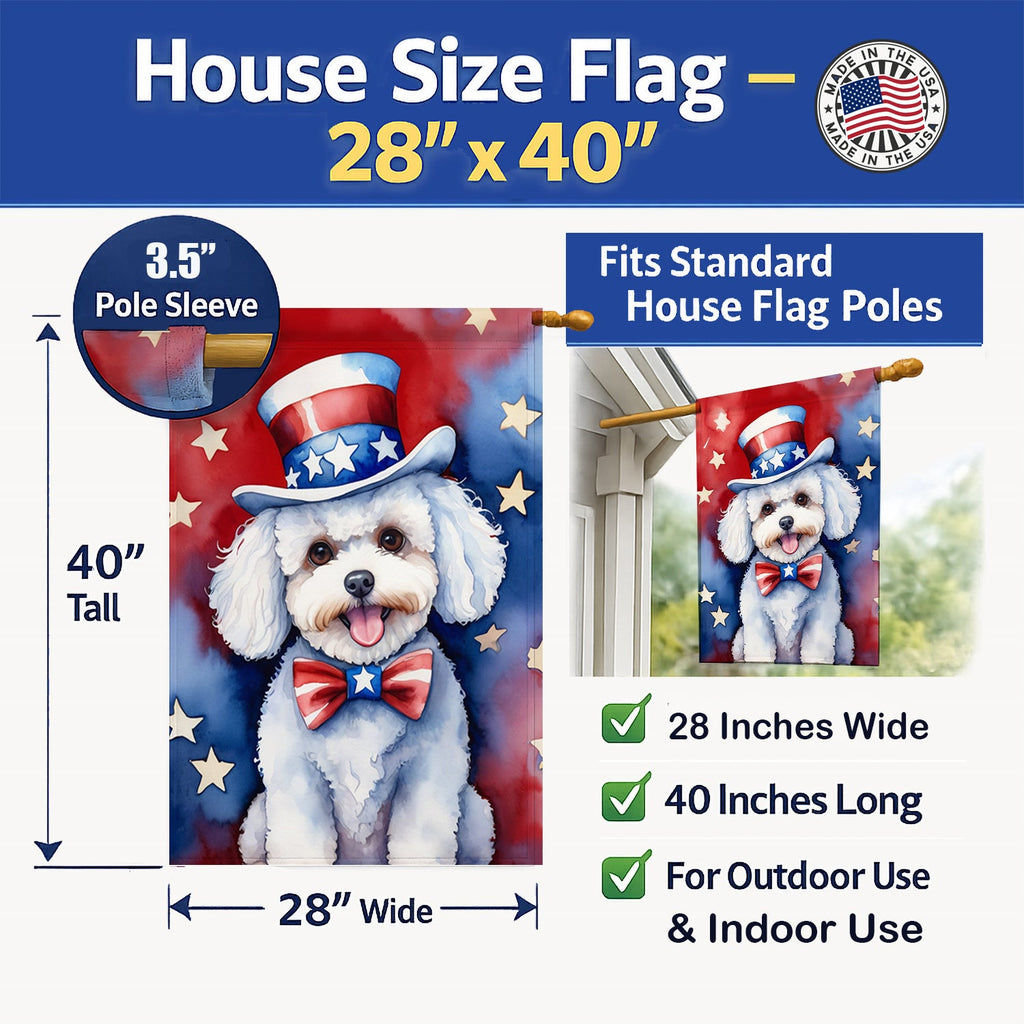 Bichon Frise Patriotic American House Flag 28x40 Porch Sleeve Pole Decorative Outside Yard Banner Artwork Wall Hanging, Polyester