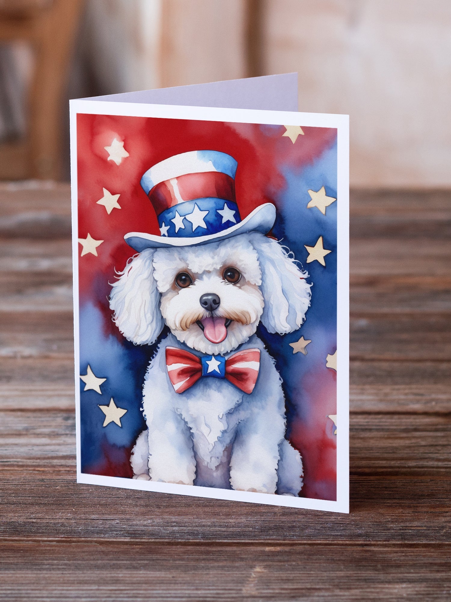 Bichon Frise Patriotic American Greeting Cards Pack of 8 Blank Cards with Envelopes Whimsical A7 Size 5x7