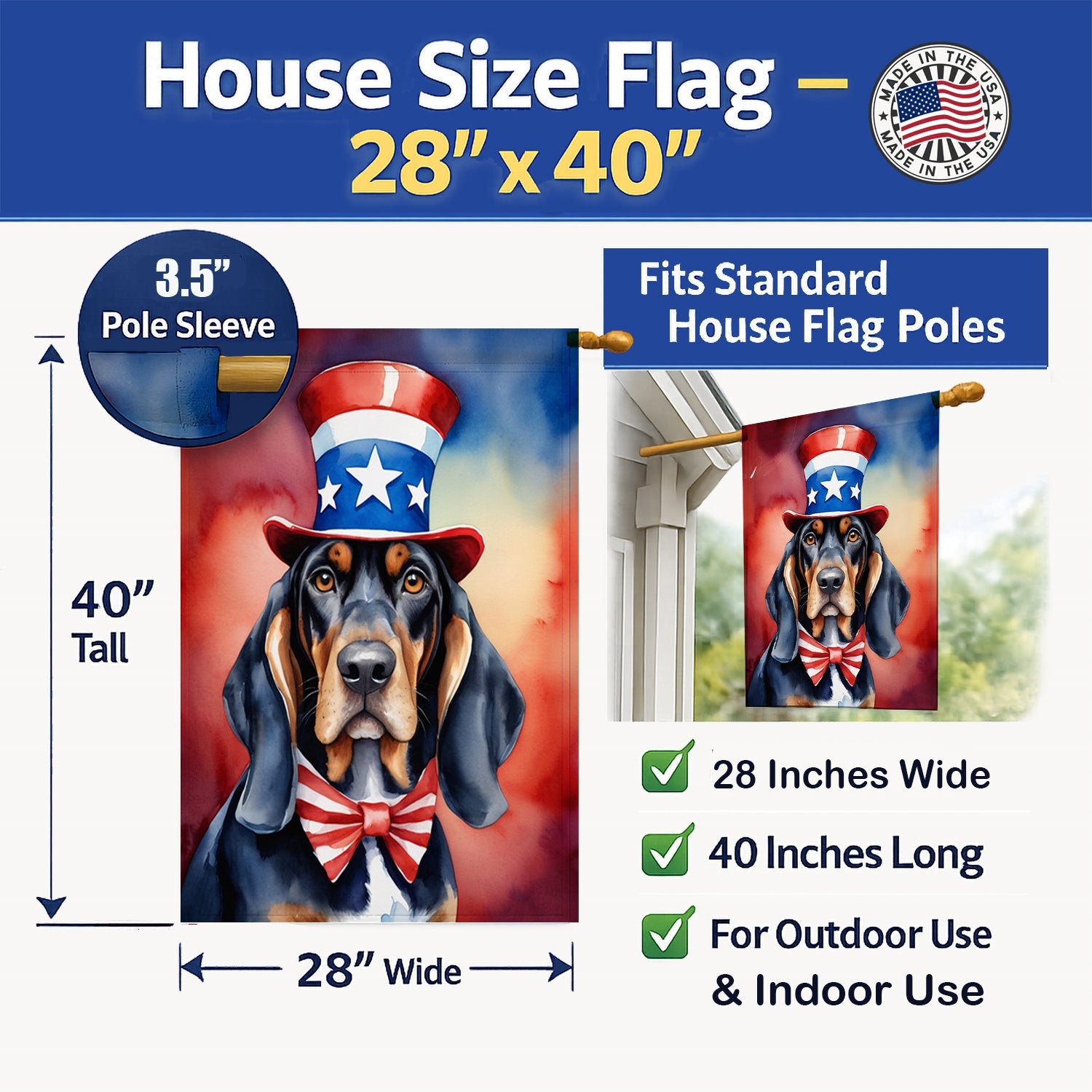 Black and Tan Coonhound Patriotic American House Flag 28x40 Porch Sleeve Pole Decorative Outside Yard Banner Artwork Wall Hanging, Polyester
