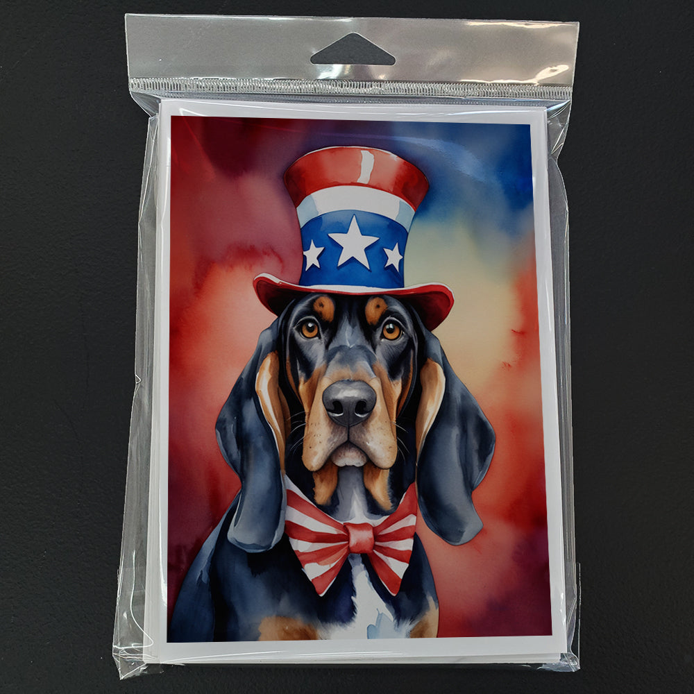 Black and Tan Coonhound Patriotic American Greeting Cards Pack of 8 Blank Cards with Envelopes Whimsical A7 Size 5x7