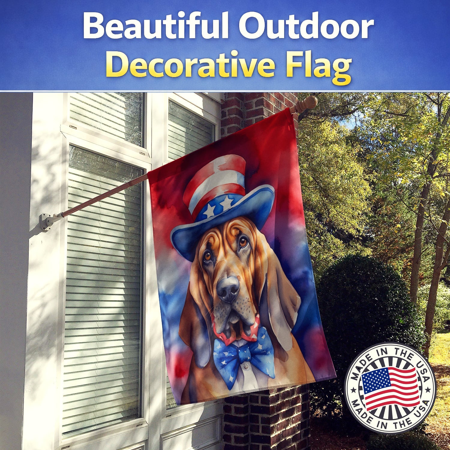 Bloodhound Patriotic American House Flag 28x40 Porch Sleeve Pole Decorative Outside Yard Banner Artwork Wall Hanging, Polyester