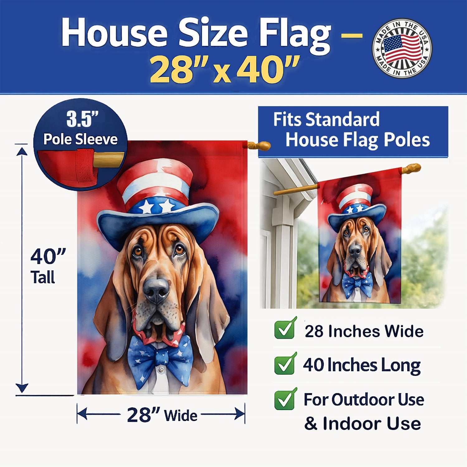Bloodhound Patriotic American House Flag 28x40 Porch Sleeve Pole Decorative Outside Yard Banner Artwork Wall Hanging, Polyester