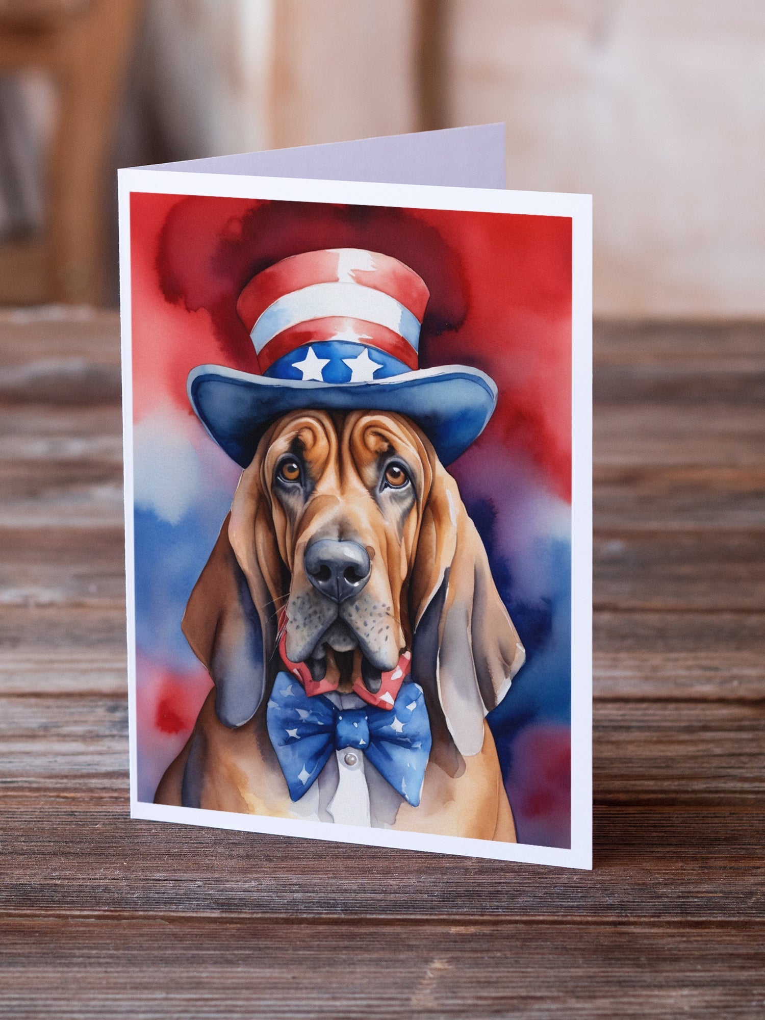 Bloodhound Patriotic American Greeting Cards Pack of 8 Blank Cards with Envelopes Whimsical A7 Size 5x7
