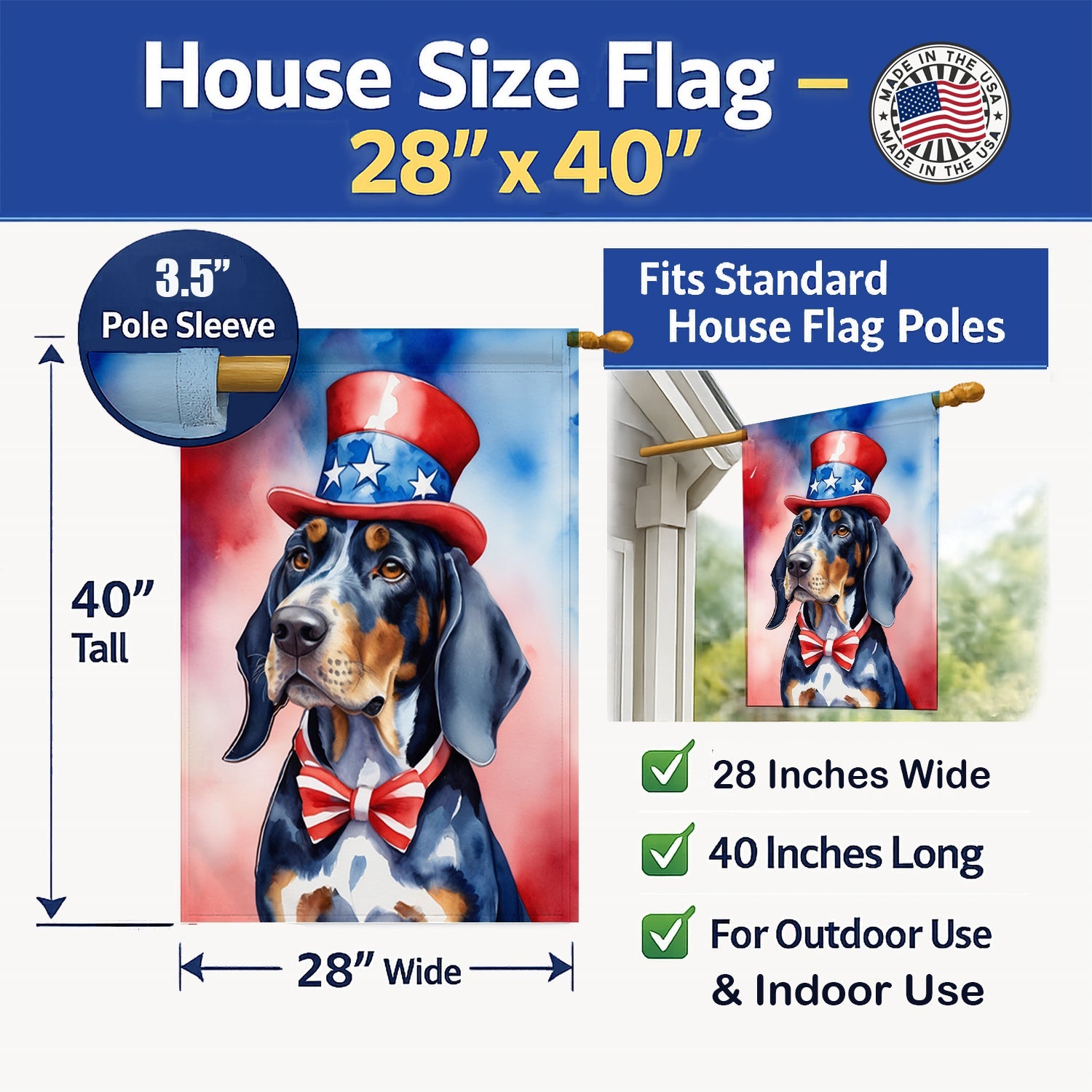 Bluetick Coonhound Patriotic American House Flag 28x40 Porch Sleeve Pole Decorative Outside Yard Banner Artwork Wall Hanging, Polyester