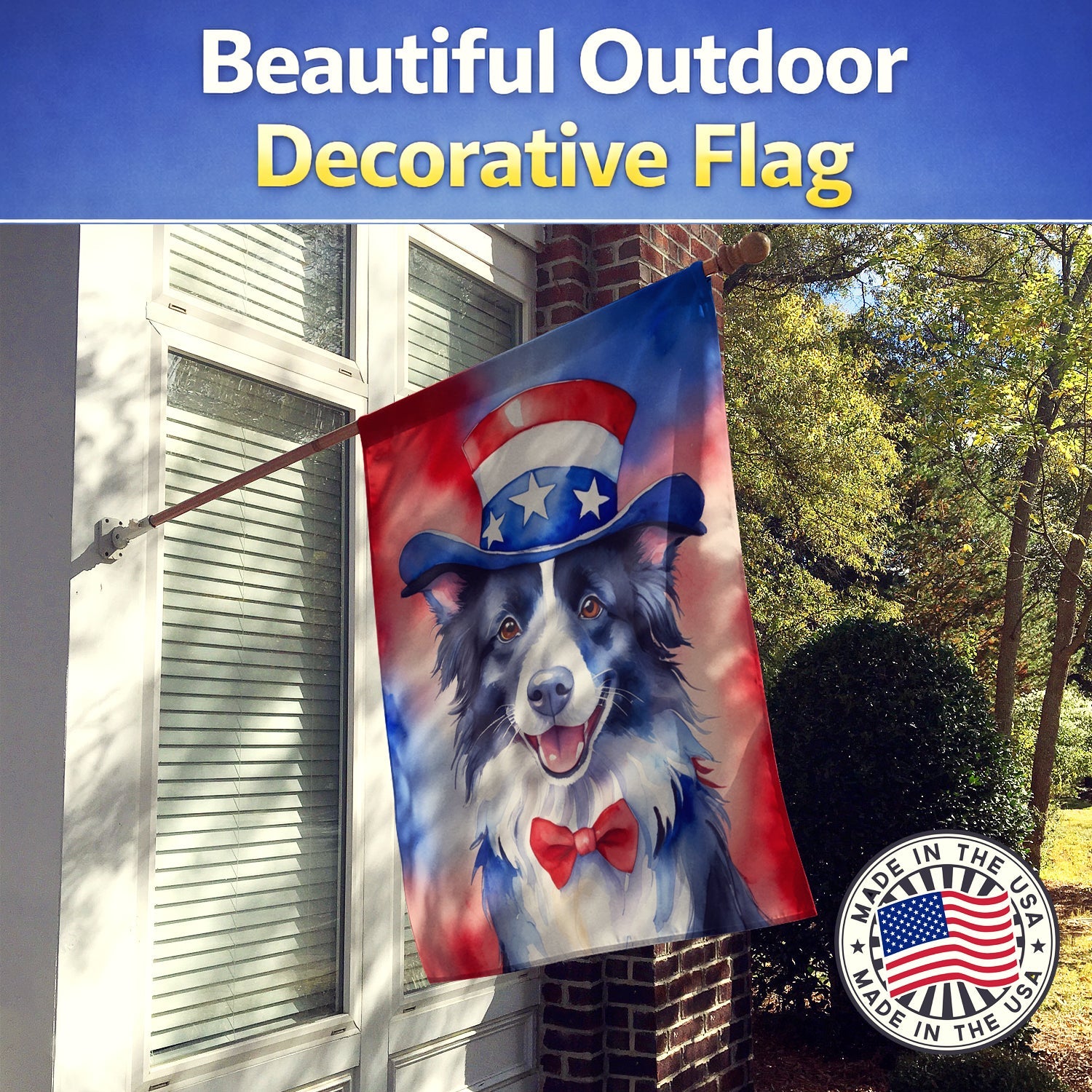 Border Collie Patriotic American House Flag 28x40 Porch Sleeve Pole Decorative Outside Yard Banner Artwork Wall Hanging, Polyester