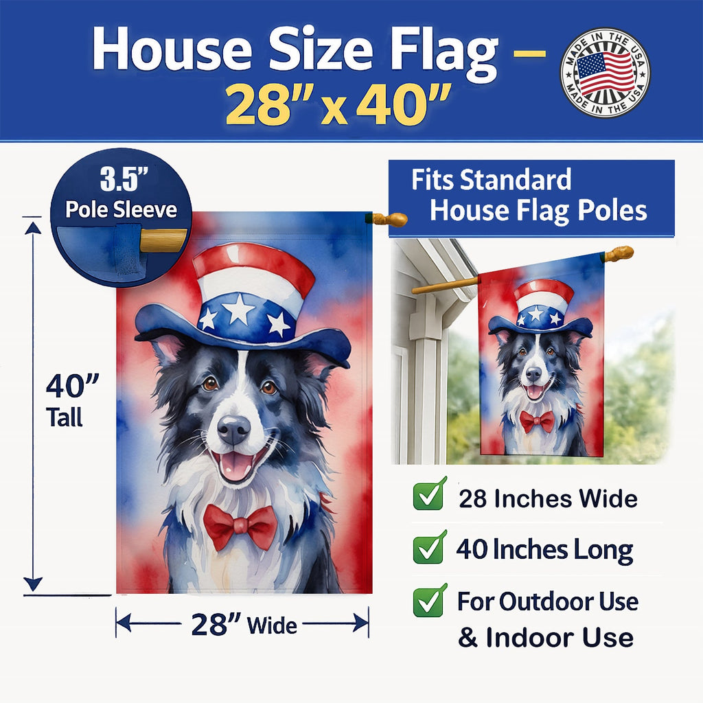 Border Collie Patriotic American House Flag 28x40 Porch Sleeve Pole Decorative Outside Yard Banner Artwork Wall Hanging, Polyester