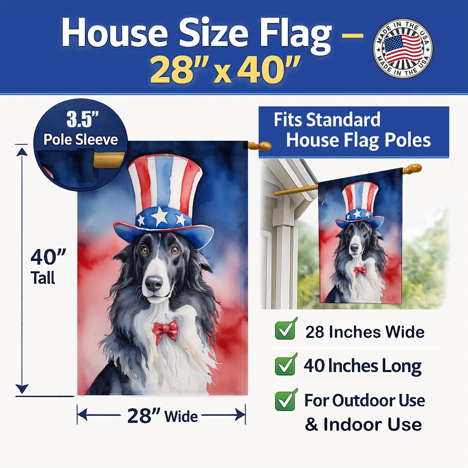 Borzoi Patriotic American House Flag 28x40 Porch Sleeve Pole Decorative Outside Yard Banner Artwork Wall Hanging, Polyester