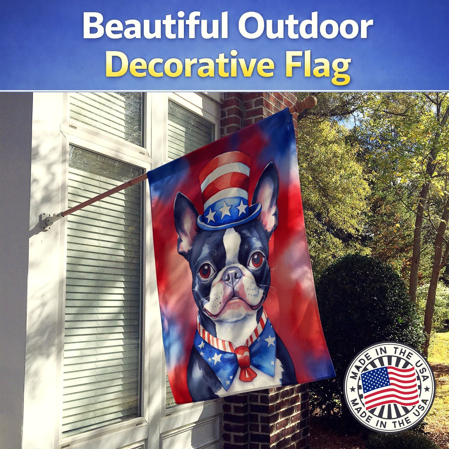 Boston Terrier Patriotic American House Flag 28x40 Porch Sleeve Pole Decorative Outside Yard Banner Artwork Wall Hanging, Polyester