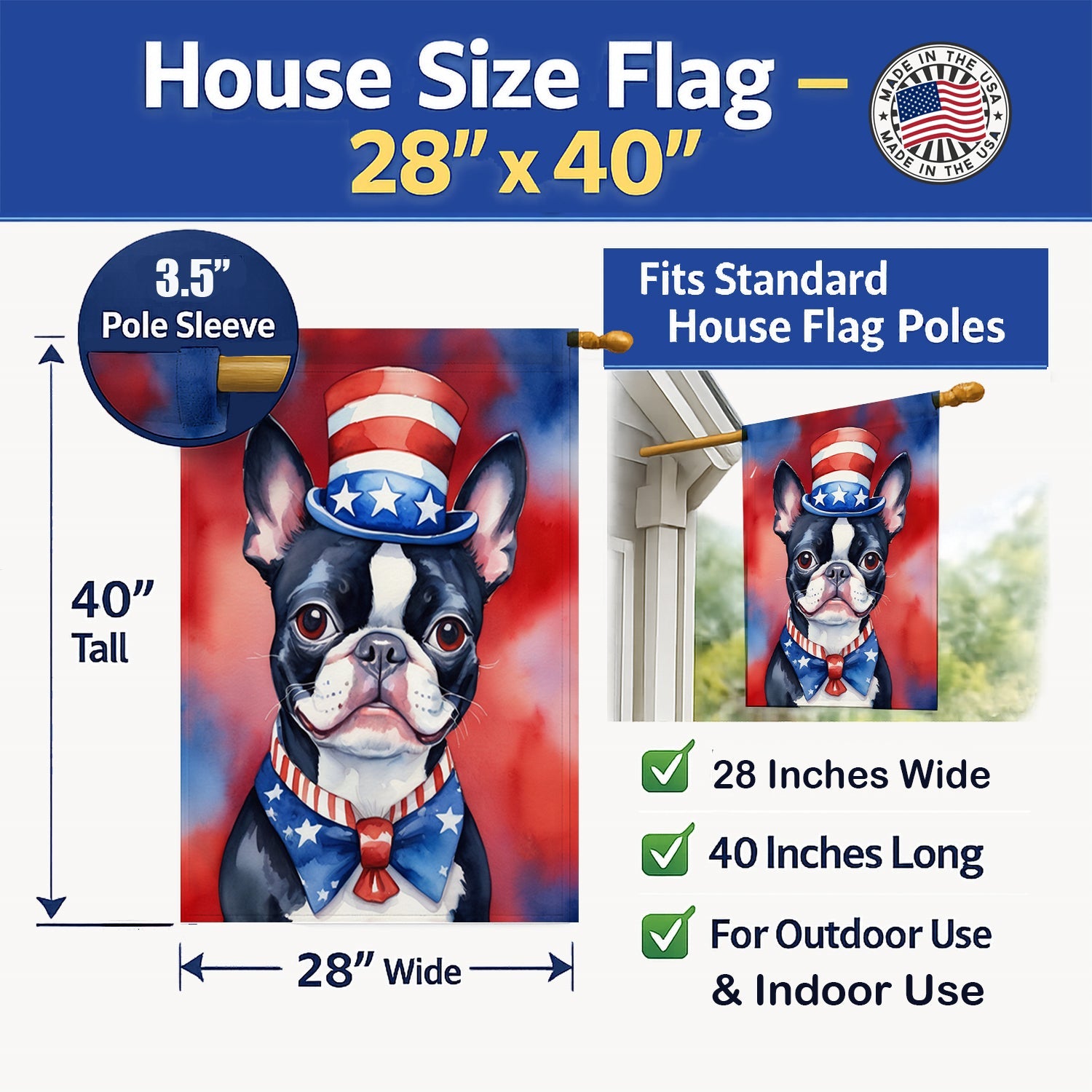 Boston Terrier Patriotic American House Flag 28x40 Porch Sleeve Pole Decorative Outside Yard Banner Artwork Wall Hanging, Polyester