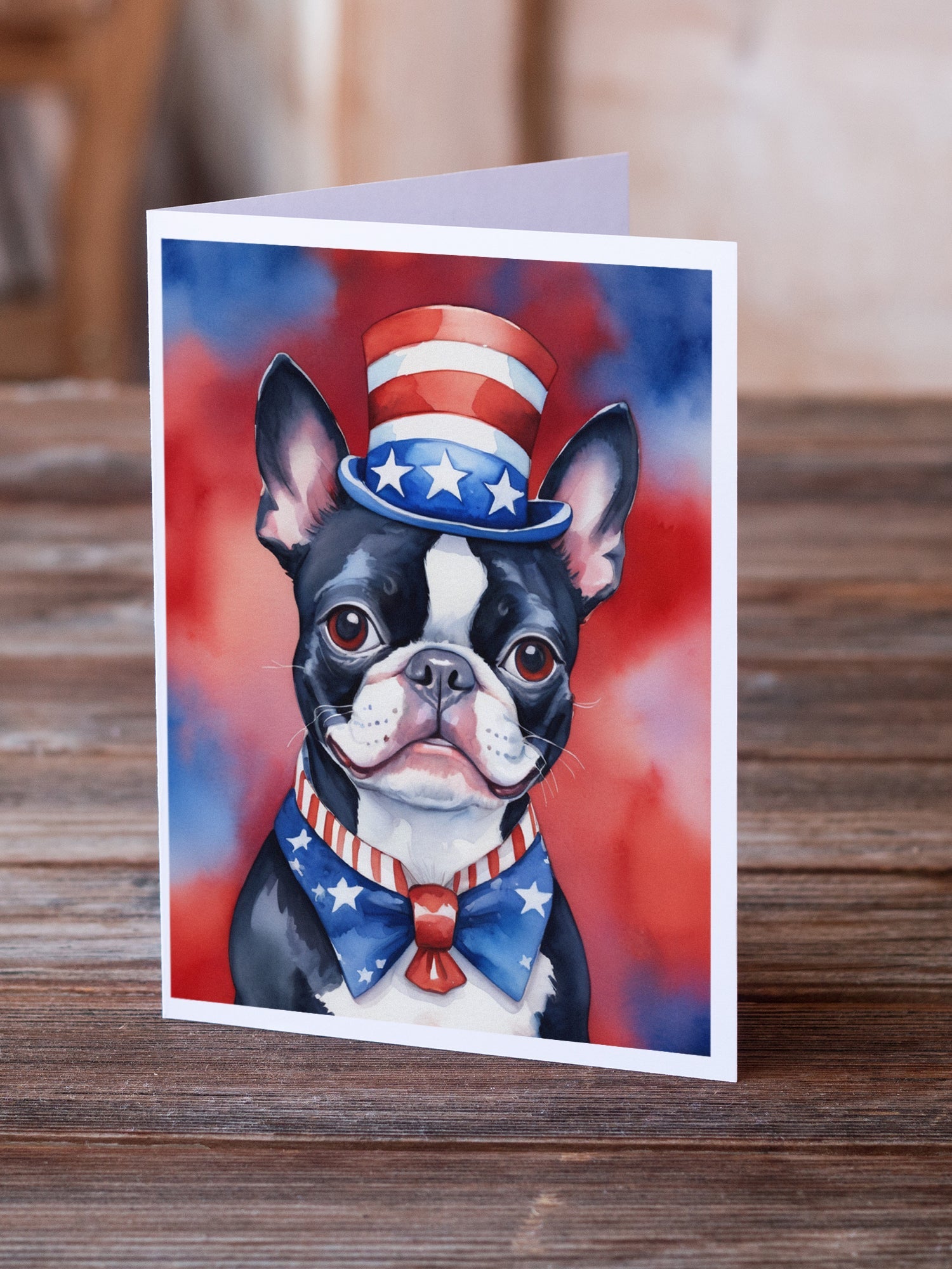 Boston Terrier Patriotic American Greeting Cards Pack of 8 Blank Cards with Envelopes Whimsical A7 Size 5x7