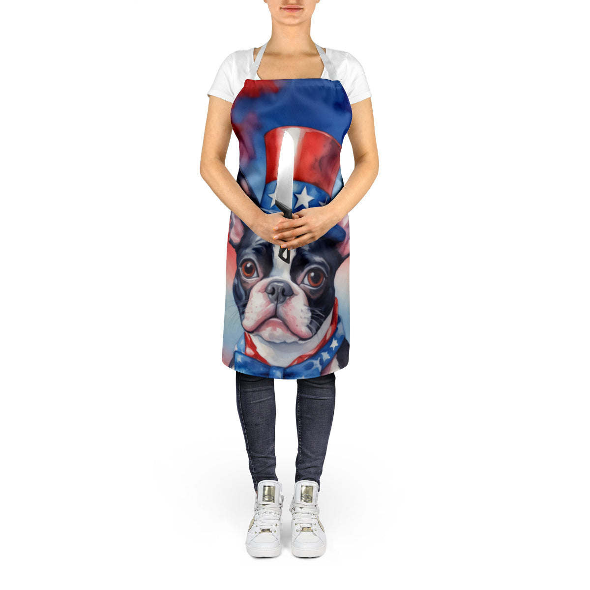 Boston Terrier Patriotic American Apron Cooking Kitchen Server Baking Crafts Gardening for Adult Women Men, Unisex, Large, Multicolor