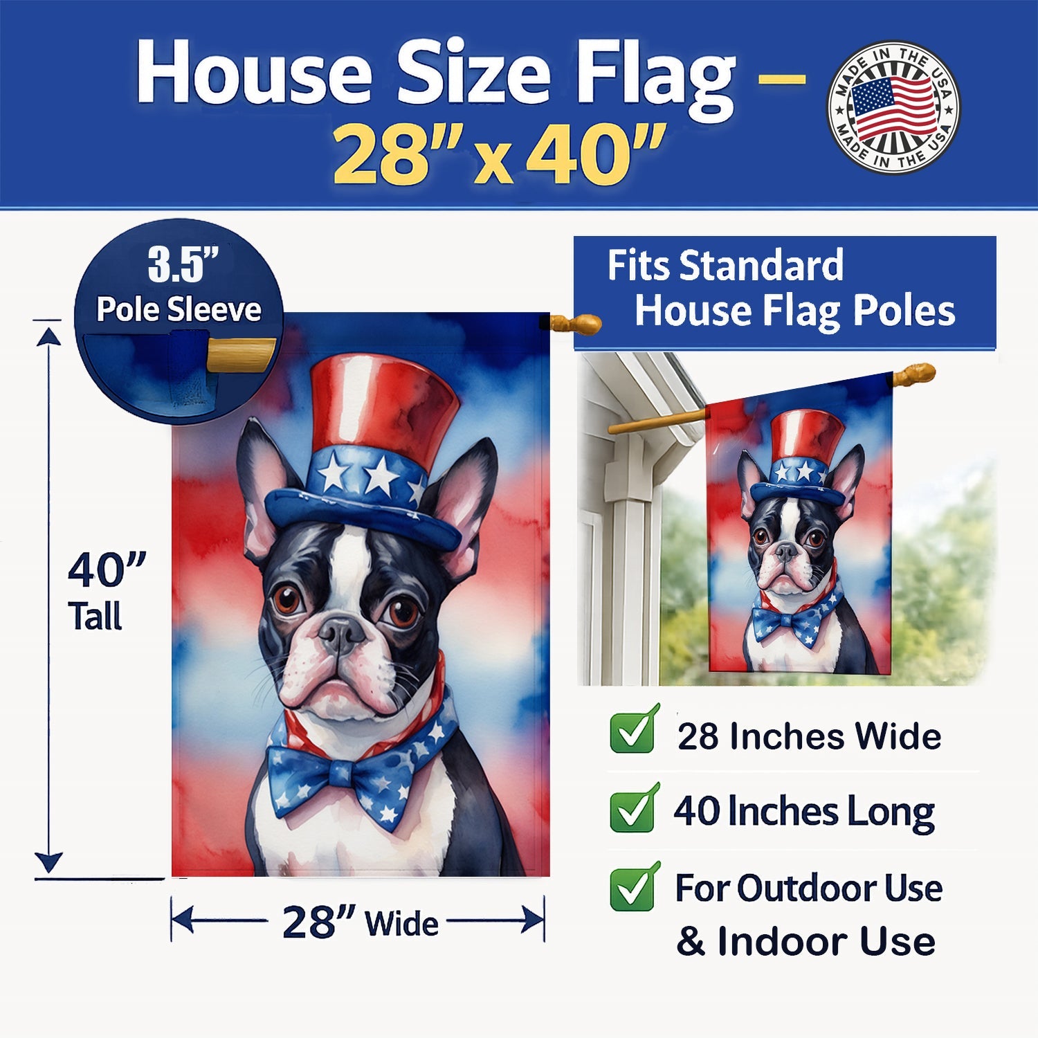 Boston Terrier Patriotic American House Flag 28x40 Porch Sleeve Pole Decorative Outside Yard Banner Artwork Wall Hanging, Polyester