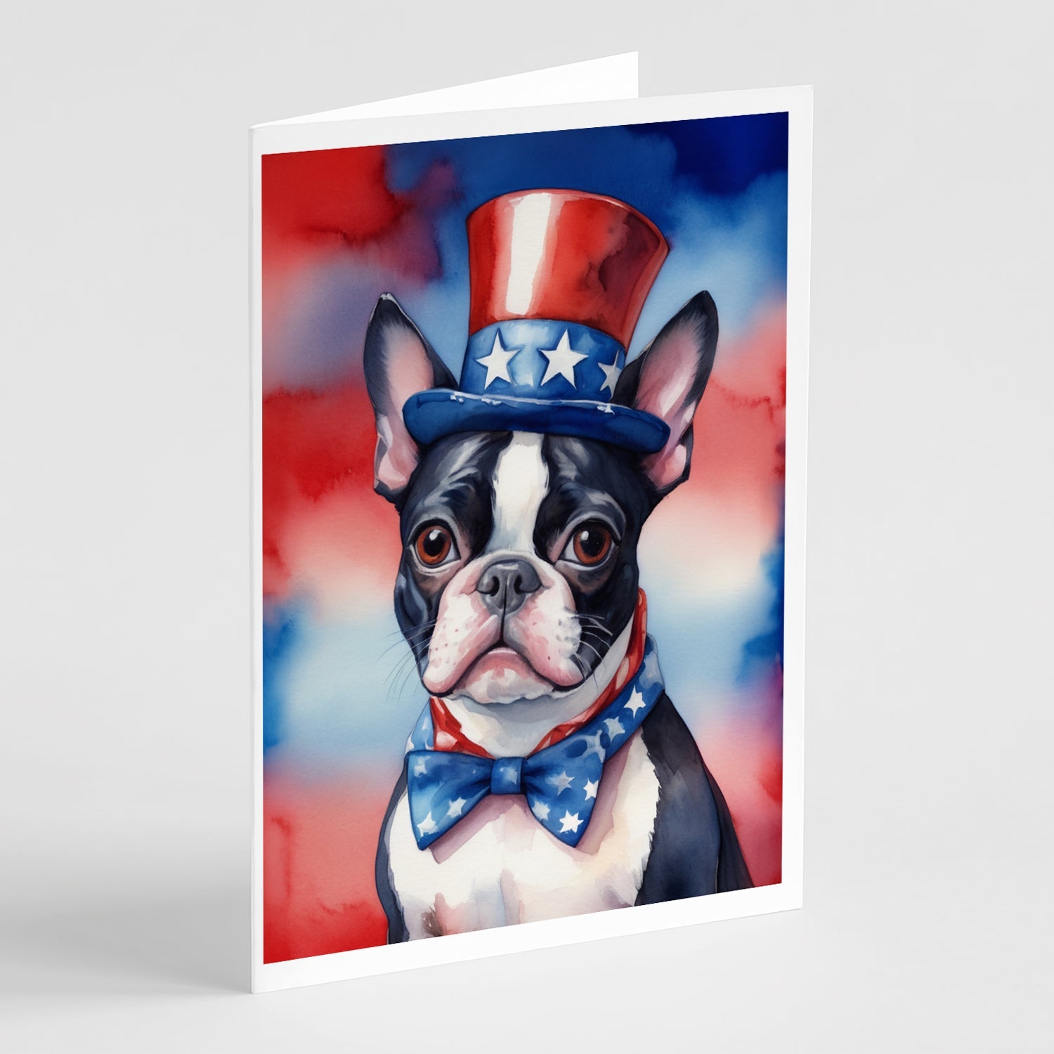 Boston Terrier Patriotic American Greeting Cards Pack of 8 Blank Cards with Envelopes Whimsical A7 Size 5x7