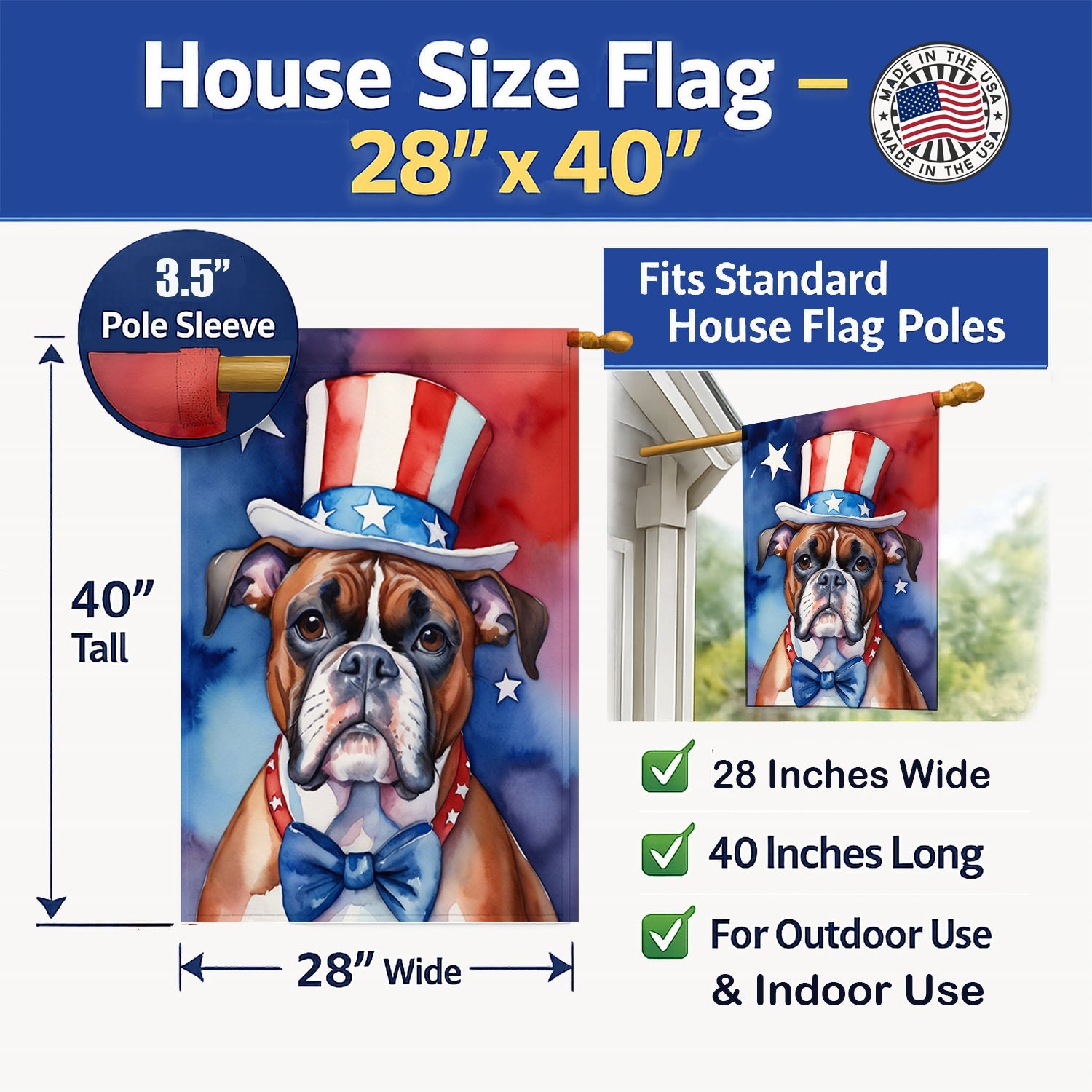 Boxer Patriotic American House Flag 28x40 Porch Sleeve Pole Decorative Outside Yard Banner Artwork Wall Hanging, Polyester