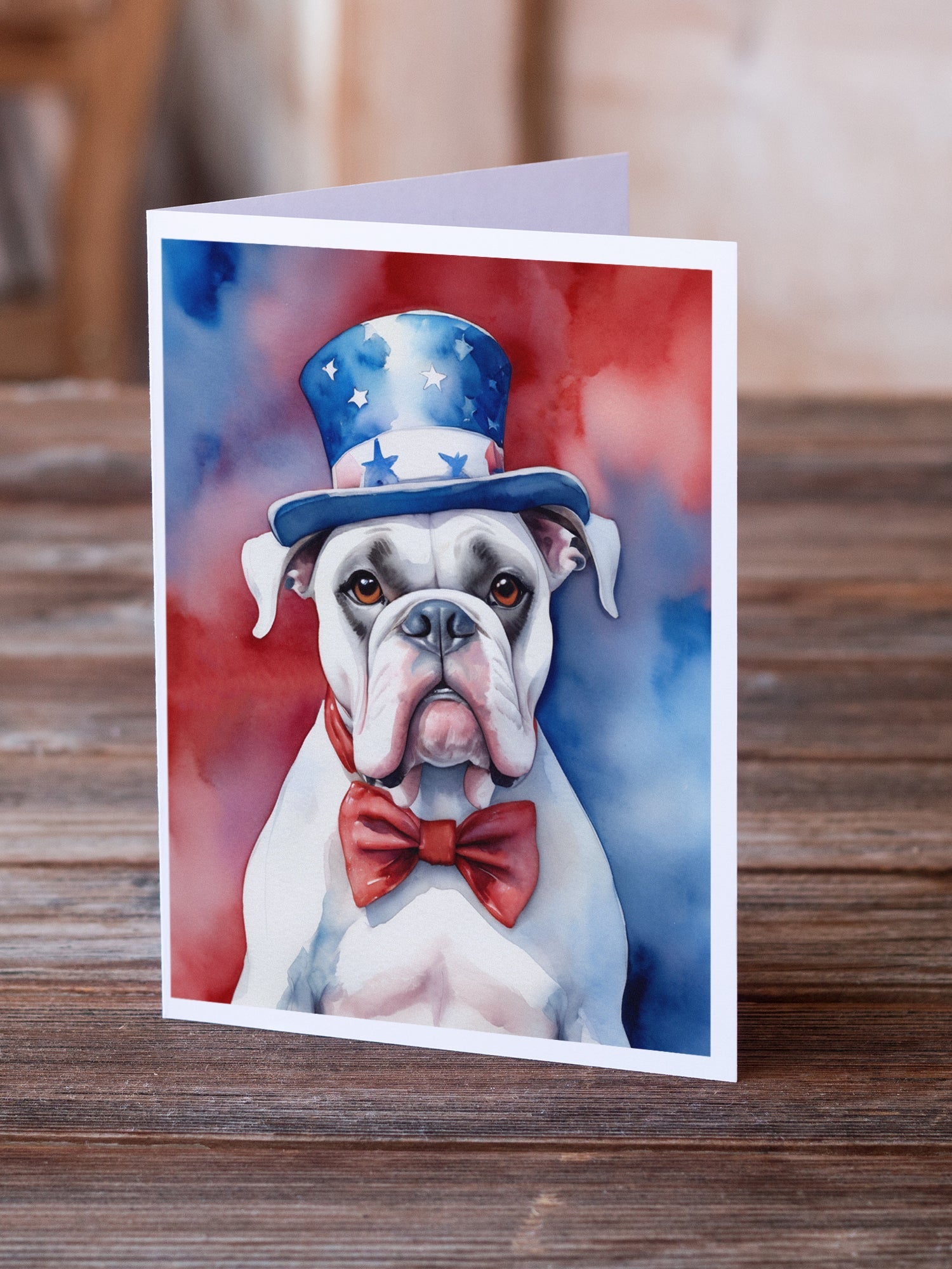 White Boxer Patriotic American Greeting Cards Pack of 8 Blank Cards with Envelopes Whimsical A7 Size 5x7
