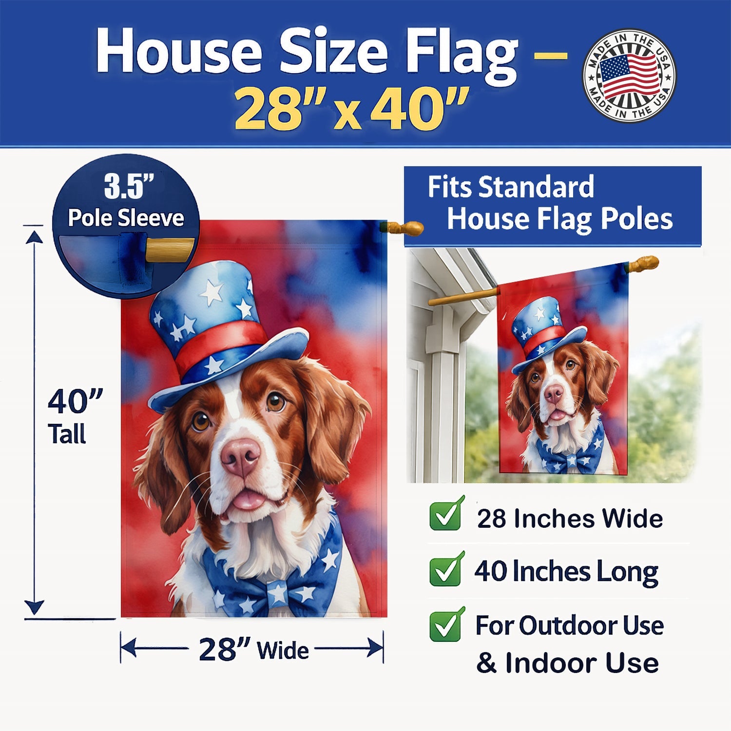 Brittany Spaniel Patriotic American House Flag 28x40 Porch Sleeve Pole Decorative Outside Yard Banner Artwork Wall Hanging, Polyester