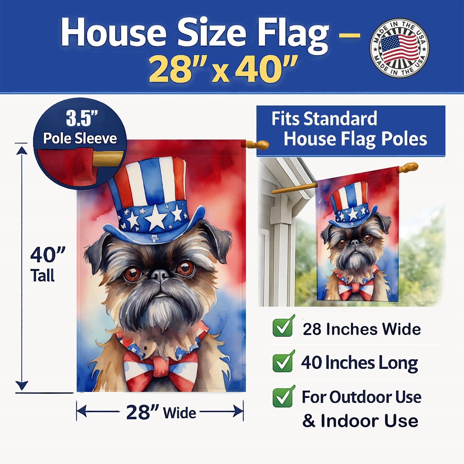 Brussels Griffon Patriotic American House Flag 28x40 Porch Sleeve Pole Decorative Outside Yard Banner Artwork Wall Hanging, Polyester