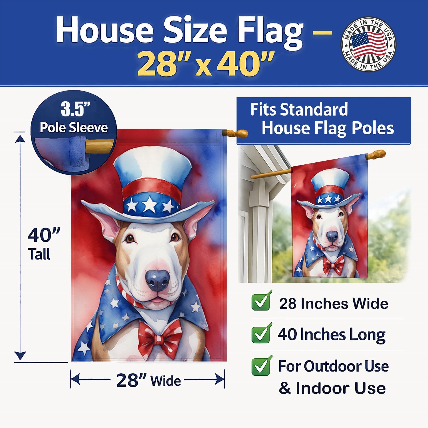 Bull Terrier Patriotic American House Flag 28x40 Porch Sleeve Pole Decorative Outside Yard Banner Artwork Wall Hanging, Polyester