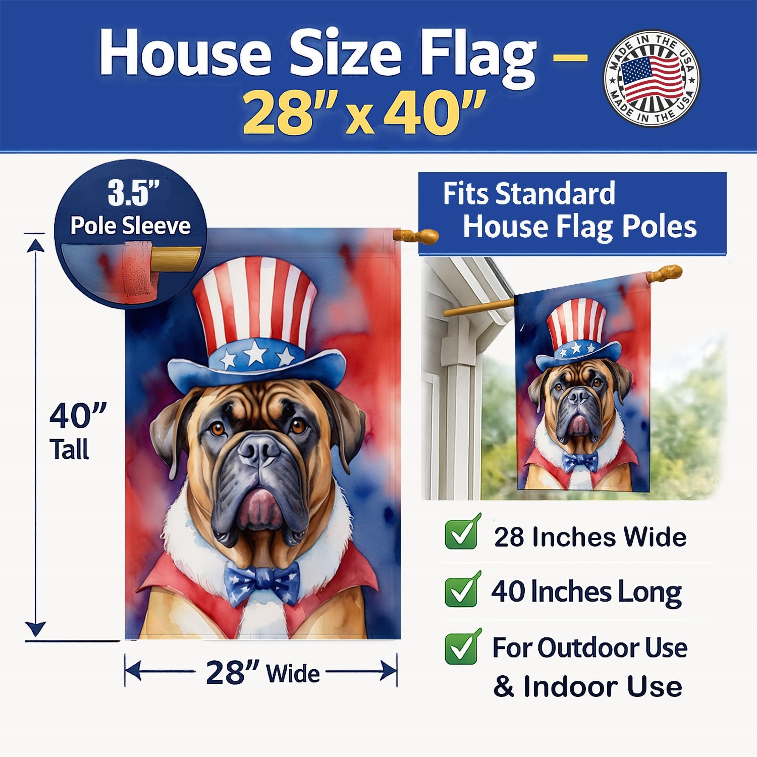 Bullmastiff Patriotic American House Flag 28x40 Porch Sleeve Pole Decorative Outside Yard Banner Artwork Wall Hanging, Polyester