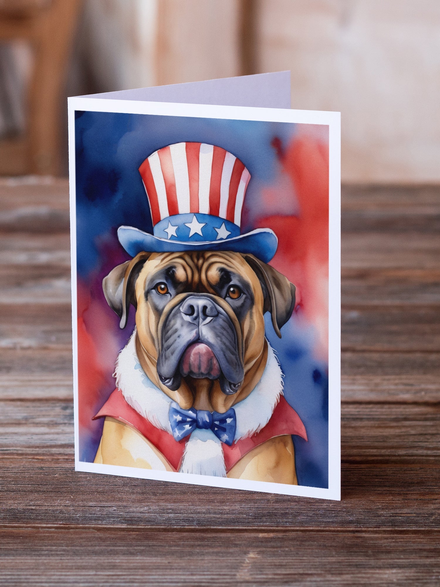 Bullmastiff Patriotic American Greeting Cards Pack of 8 Blank Cards with Envelopes Whimsical A7 Size 5x7