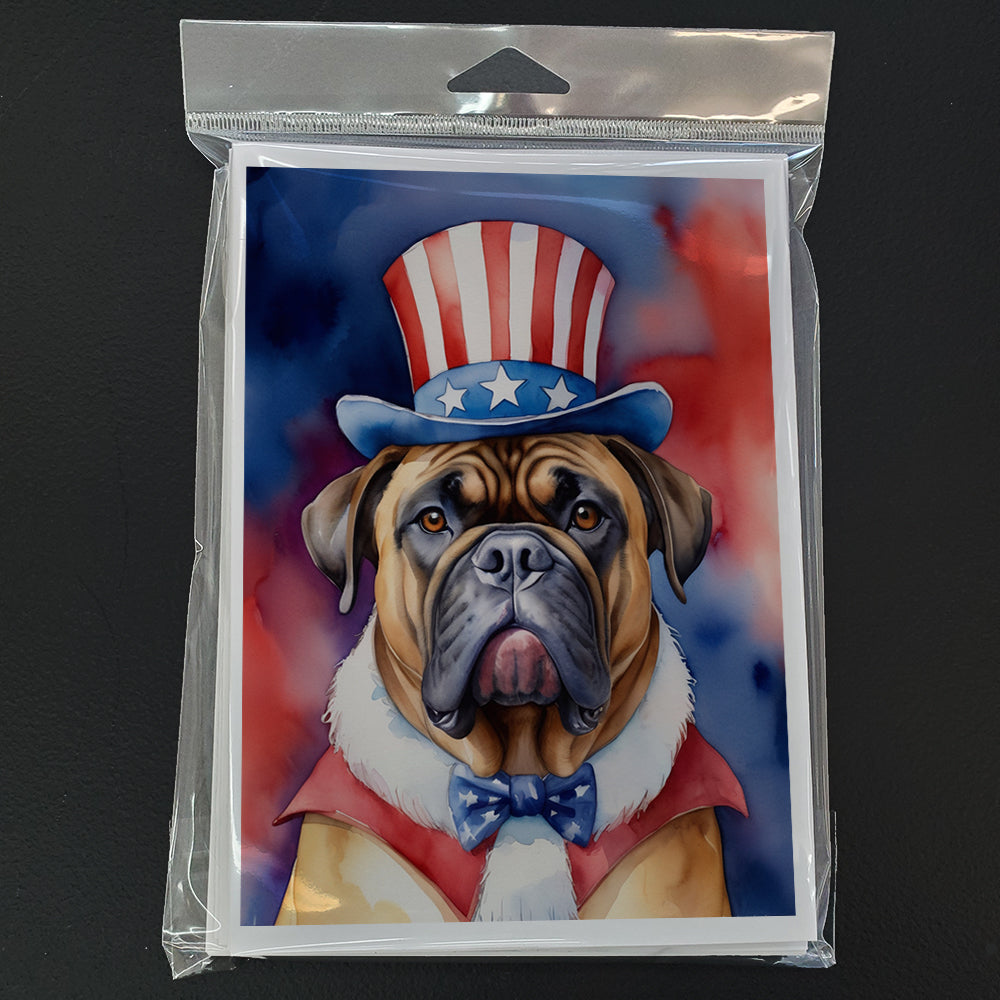 Bullmastiff Patriotic American Greeting Cards Pack of 8 Blank Cards with Envelopes Whimsical A7 Size 5x7
