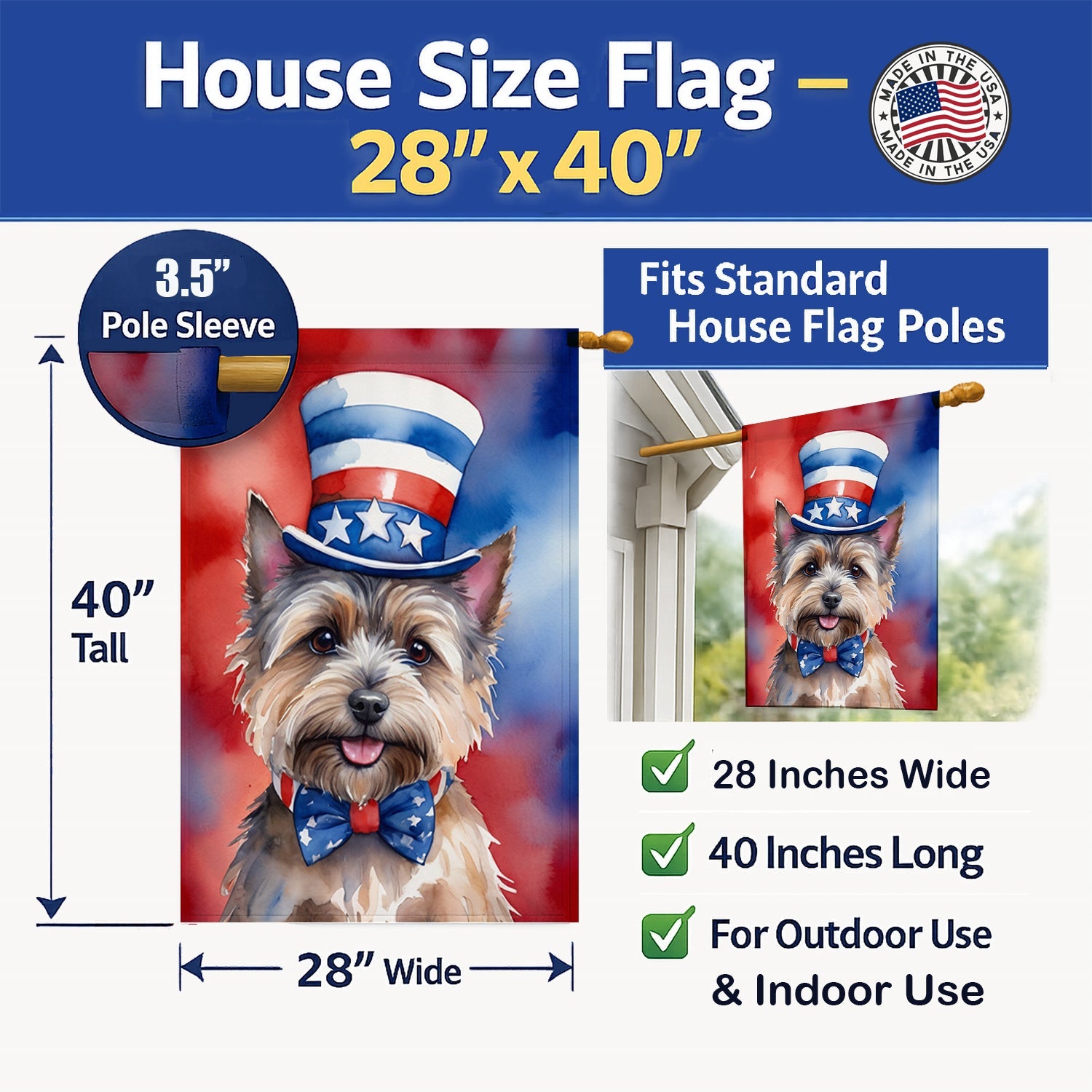Cairn Terrier Patriotic American House Flag 28x40 Porch Sleeve Pole Decorative Outside Yard Banner Artwork Wall Hanging, Polyester