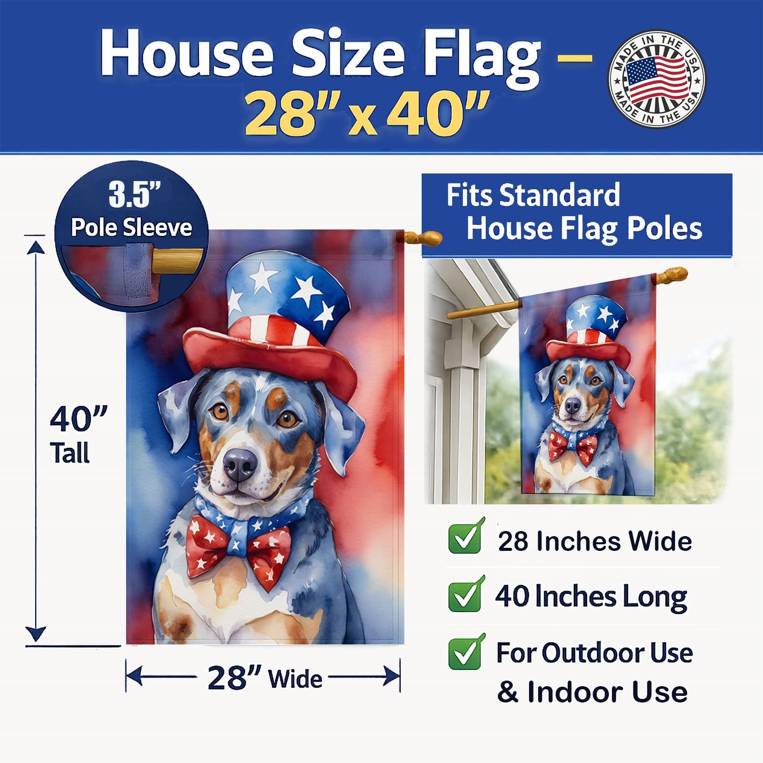 Catahoula Patriotic American House Flag 28x40 Porch Sleeve Pole Decorative Outside Yard Banner Artwork Wall Hanging, Polyester