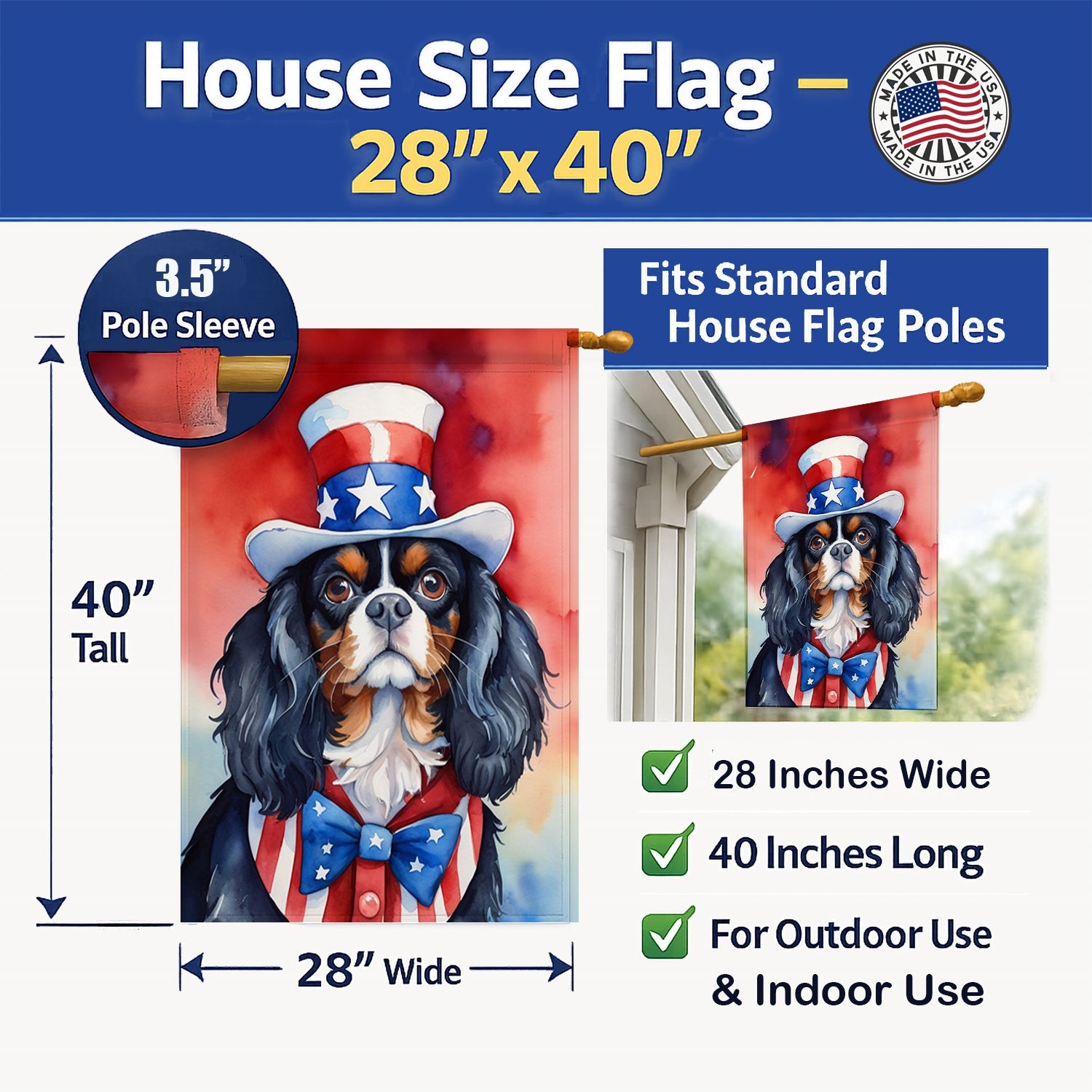 Cavalier Spaniel Patriotic American House Flag 28x40 Porch Sleeve Pole Decorative Outside Yard Banner Artwork Wall Hanging, Polyester