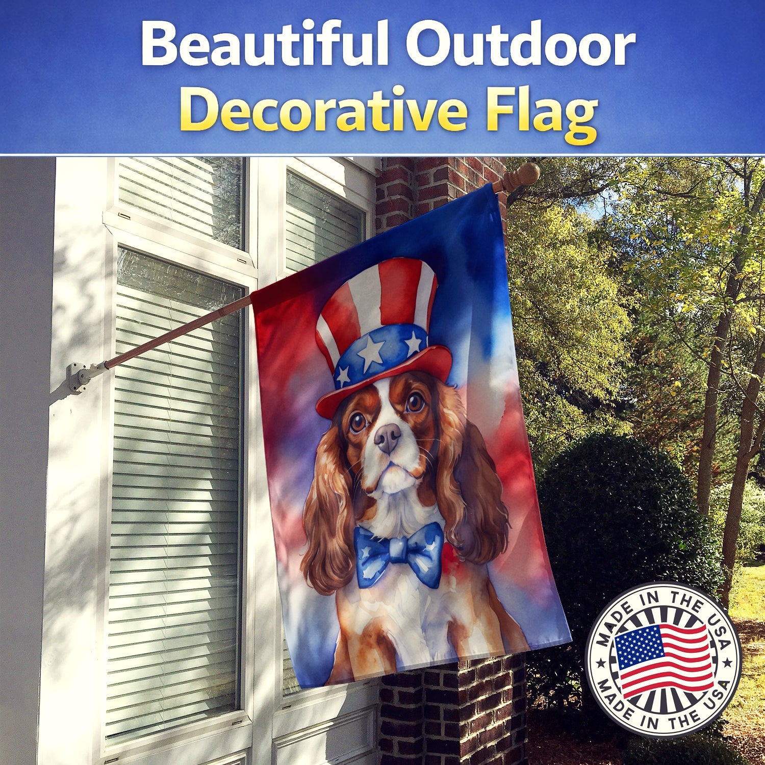 Cavalier Spaniel Patriotic American House Flag 28x40 Porch Sleeve Pole Decorative Outside Yard Banner Artwork Wall Hanging, Polyester