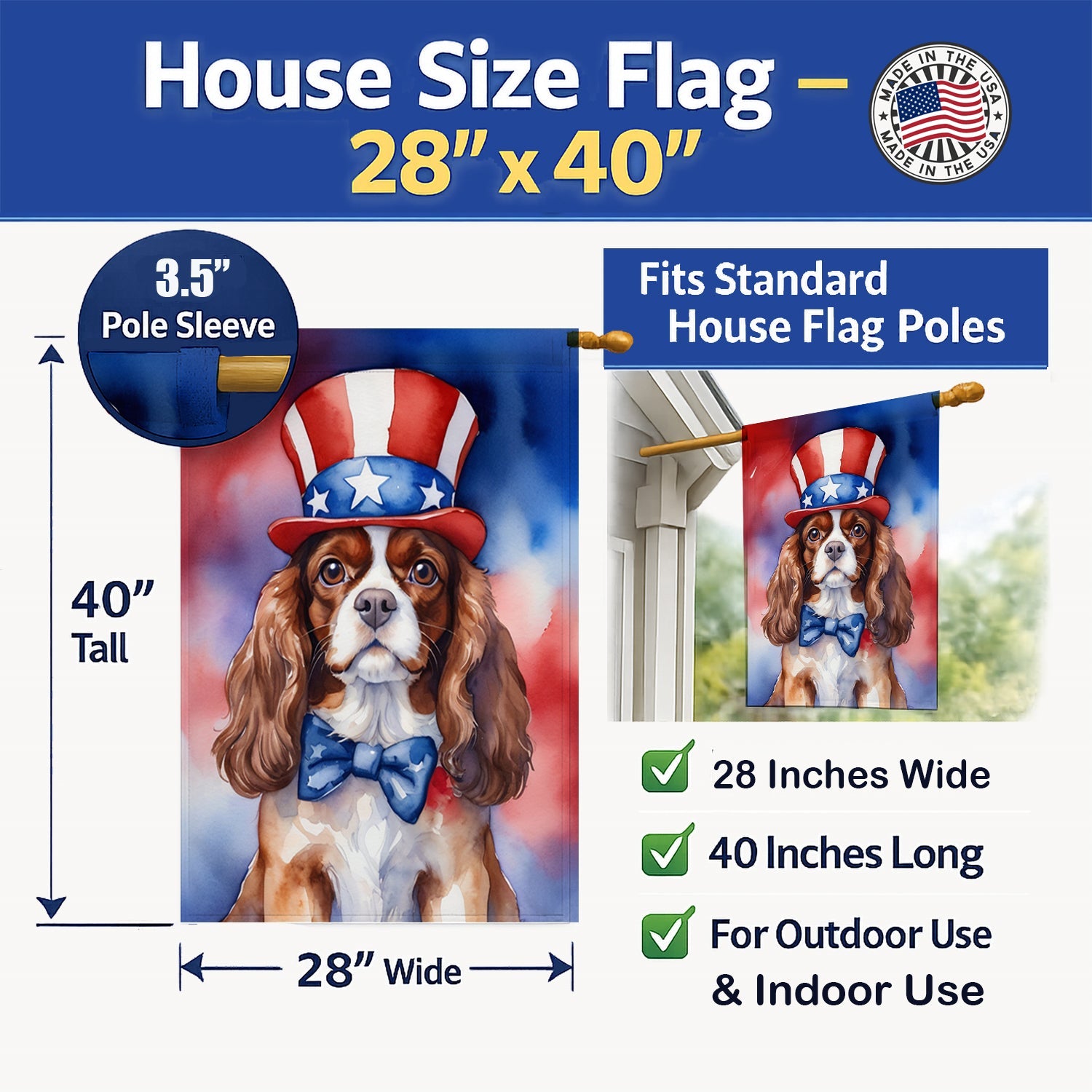 Cavalier Spaniel Patriotic American House Flag 28x40 Porch Sleeve Pole Decorative Outside Yard Banner Artwork Wall Hanging, Polyester