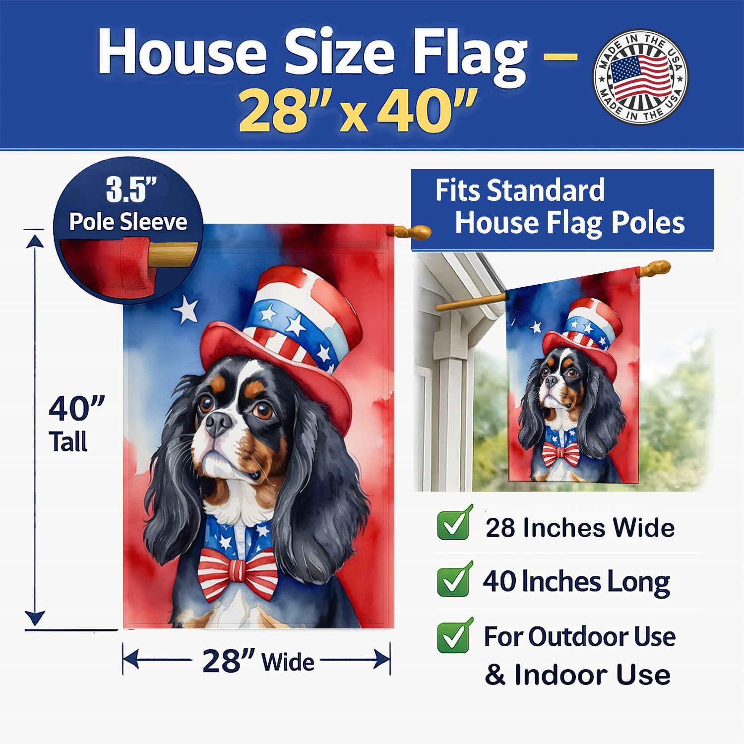 Cavalier Spaniel Patriotic American House Flag 28x40 Porch Sleeve Pole Decorative Outside Yard Banner Artwork Wall Hanging, Polyester