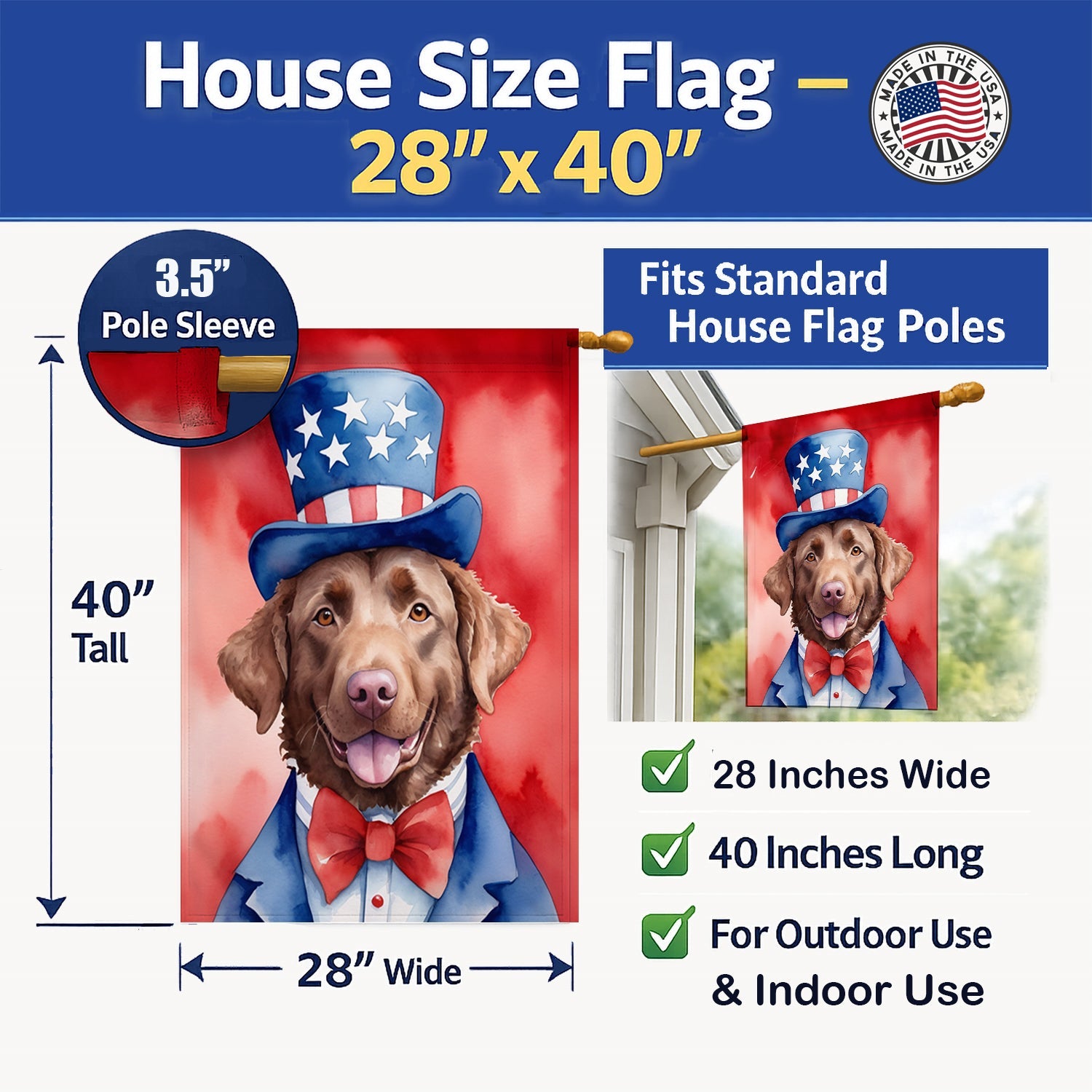 Chesapeake Bay Retriever Patriotic American House Flag 28x40 Porch Sleeve Pole Decorative Outside Yard Banner Artwork Wall Hanging, Polyester