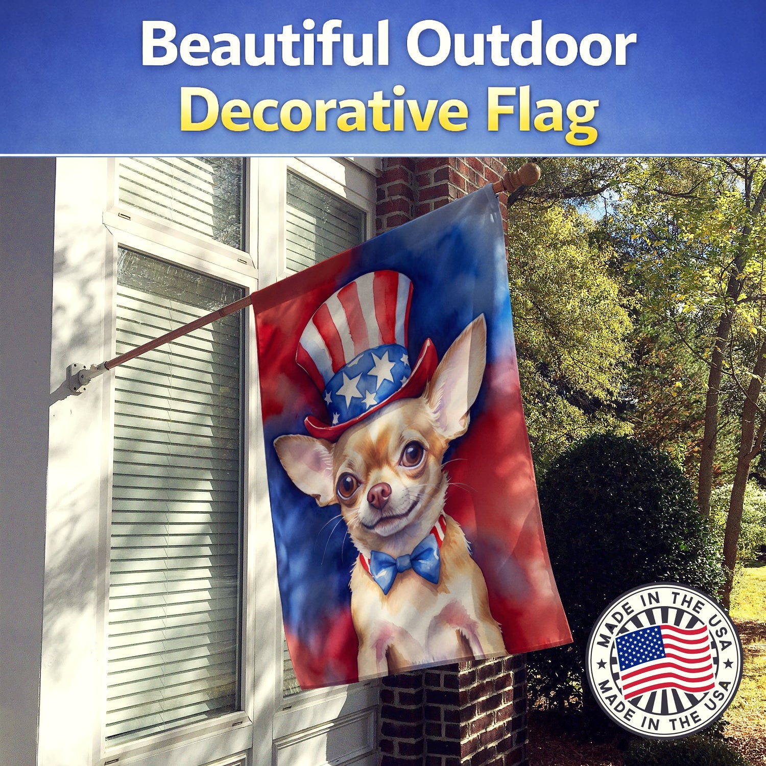 Chihuahua Patriotic American House Flag 28x40 Porch Sleeve Pole Decorative Outside Yard Banner Artwork Wall Hanging, Polyester
