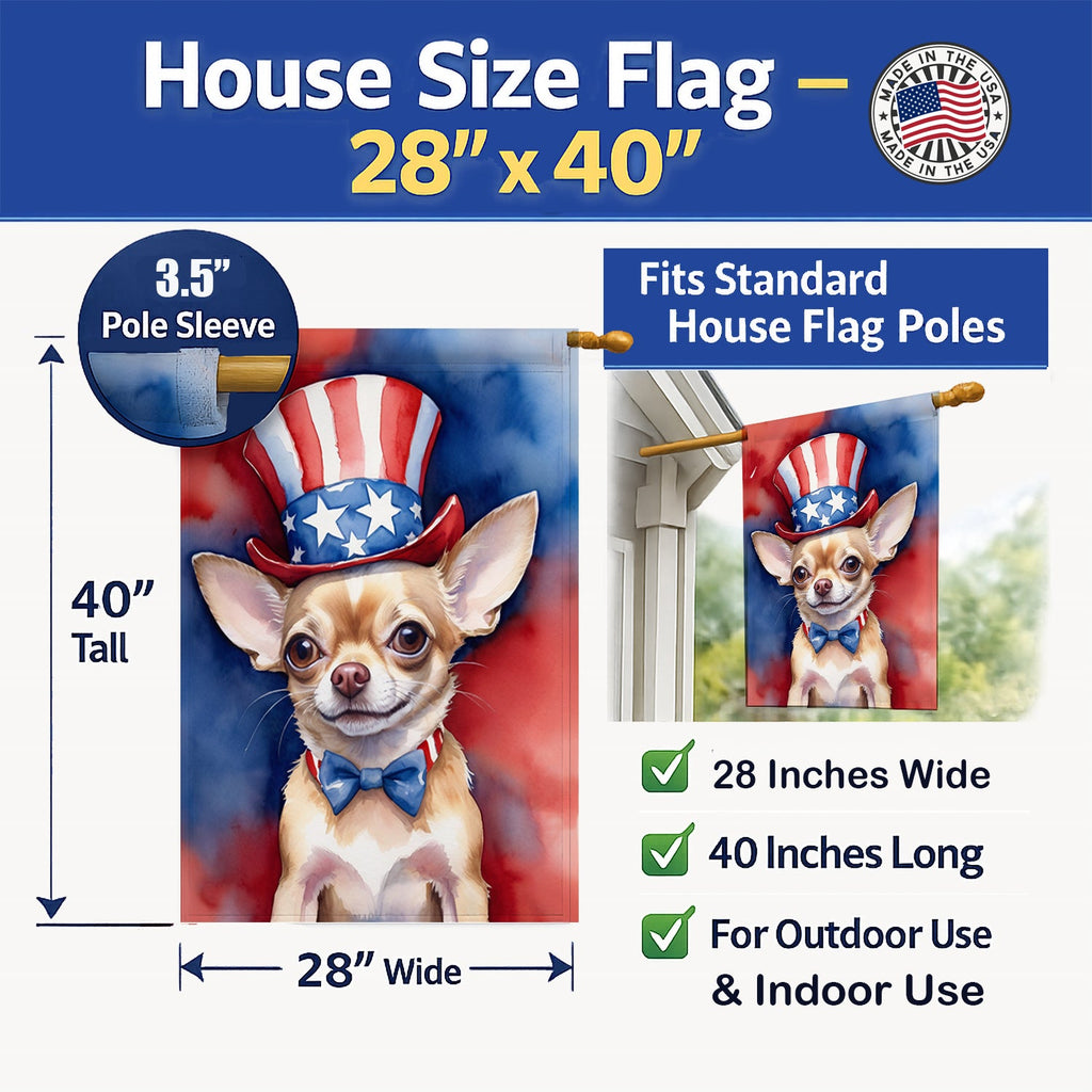 Chihuahua Patriotic American House Flag 28x40 Porch Sleeve Pole Decorative Outside Yard Banner Artwork Wall Hanging, Polyester