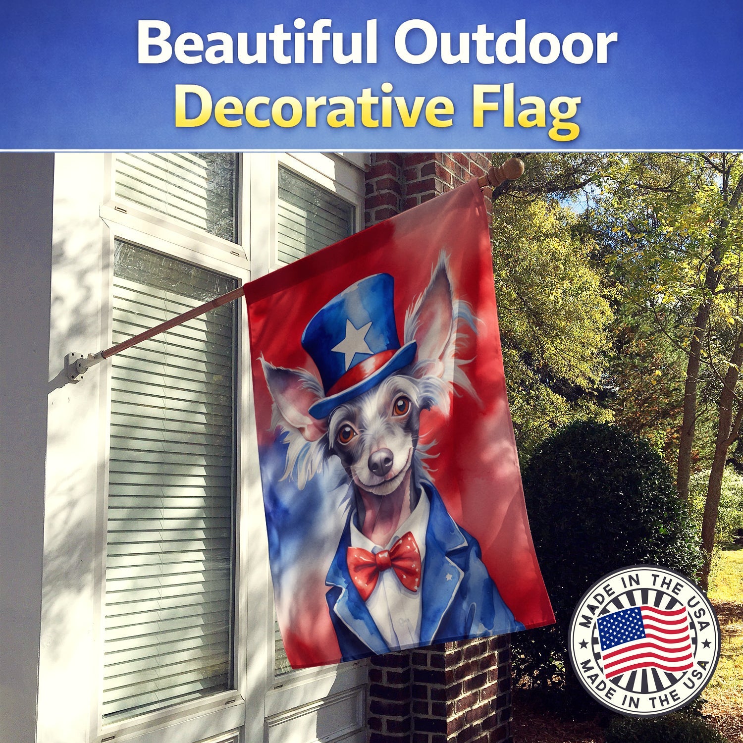 Chinese Crested Patriotic American House Flag 28x40 Porch Sleeve Pole Decorative Outside Yard Banner Artwork Wall Hanging, Polyester