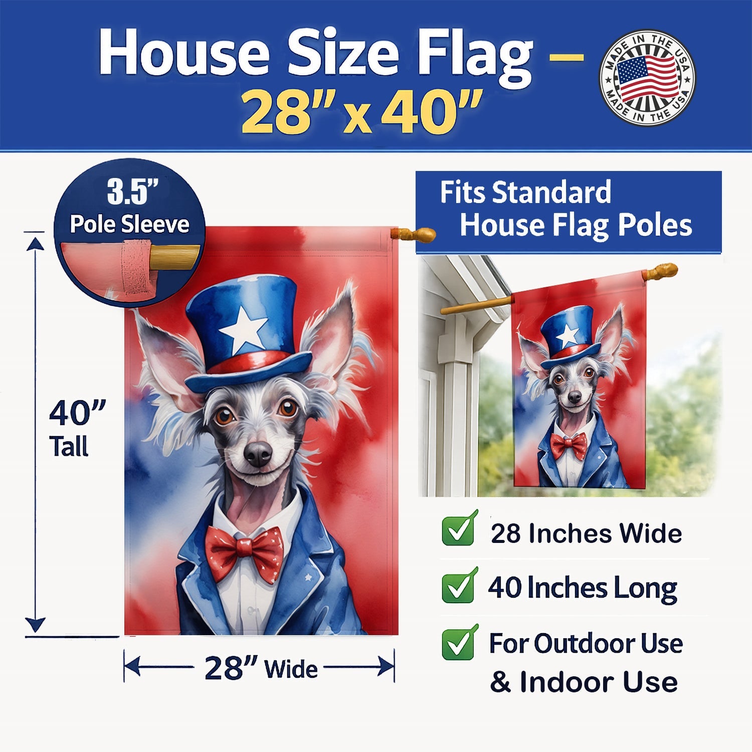 Chinese Crested Patriotic American House Flag 28x40 Porch Sleeve Pole Decorative Outside Yard Banner Artwork Wall Hanging, Polyester