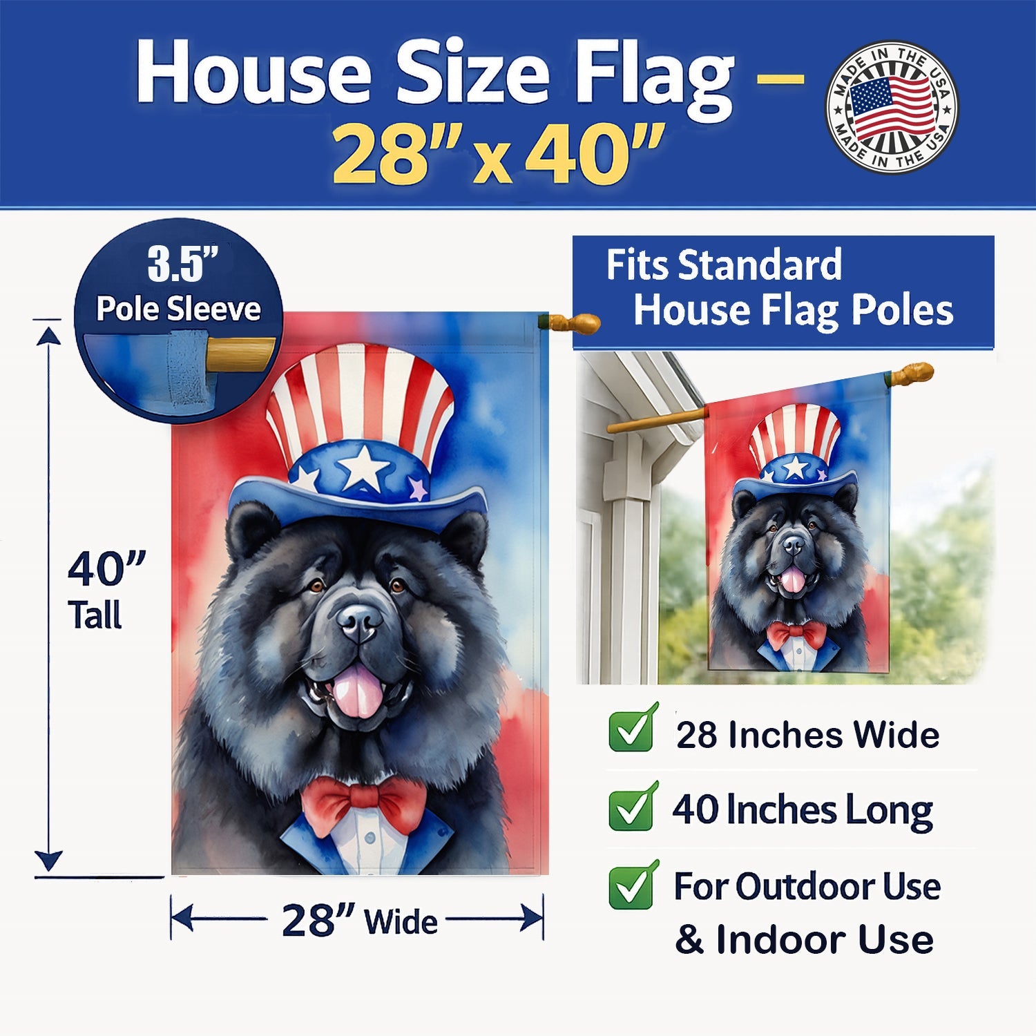 Chow Chow Patriotic American House Flag 28x40 Porch Sleeve Pole Decorative Outside Yard Banner Artwork Wall Hanging, Polyester
