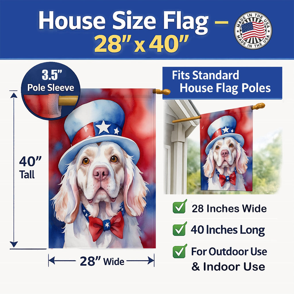 Clumber Spaniel Patriotic American House Flag 28x40 Porch Sleeve Pole Decorative Outside Yard Banner Artwork Wall Hanging, Polyester