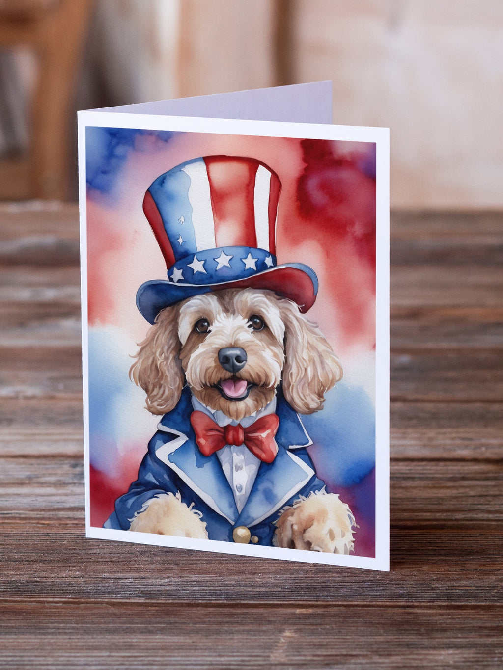 Cockapoo Patriotic American Greeting Cards Pack of 8 Blank Cards with Envelopes Whimsical A7 Size 5x7