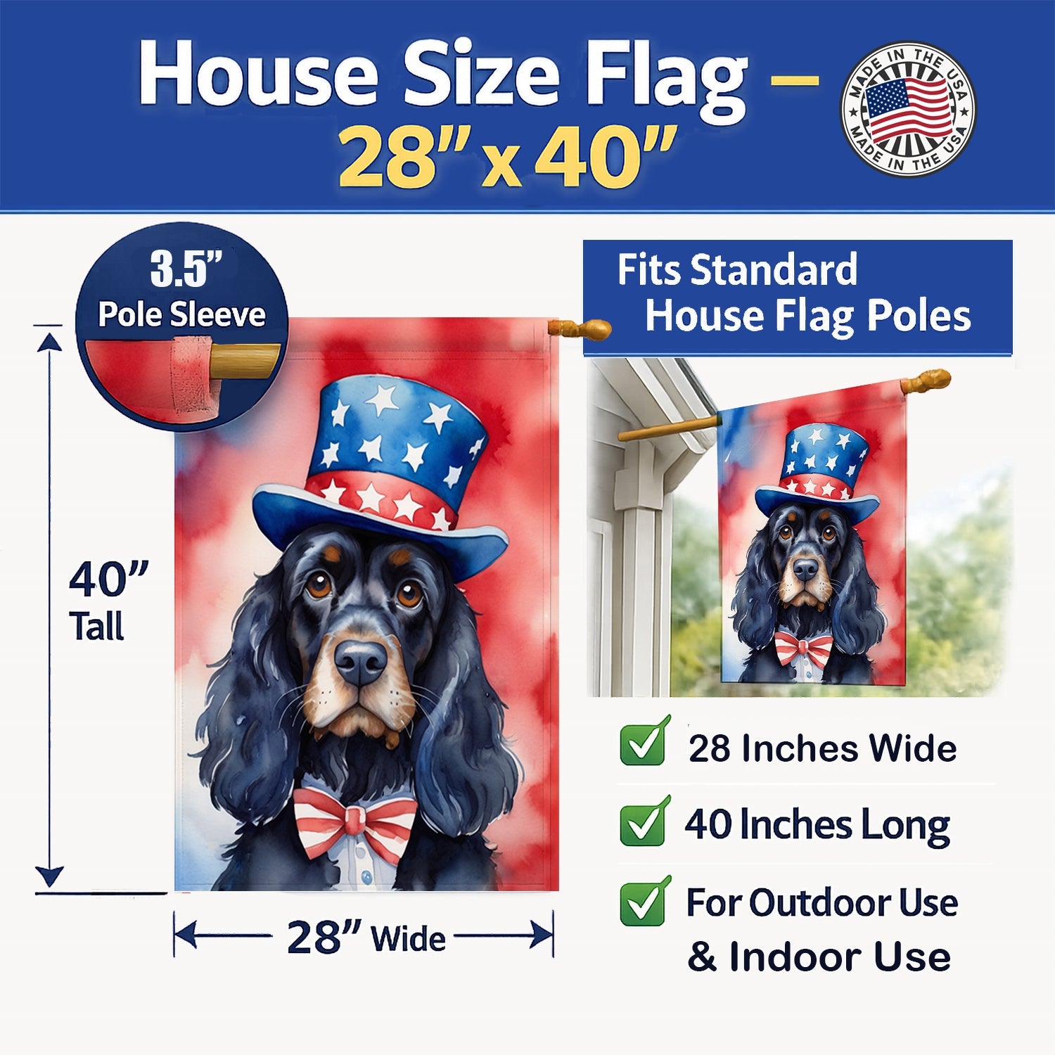 Cocker Spaniel Patriotic American House Flag 28x40 Porch Sleeve Pole Decorative Outside Yard Banner Artwork Wall Hanging, Polyester