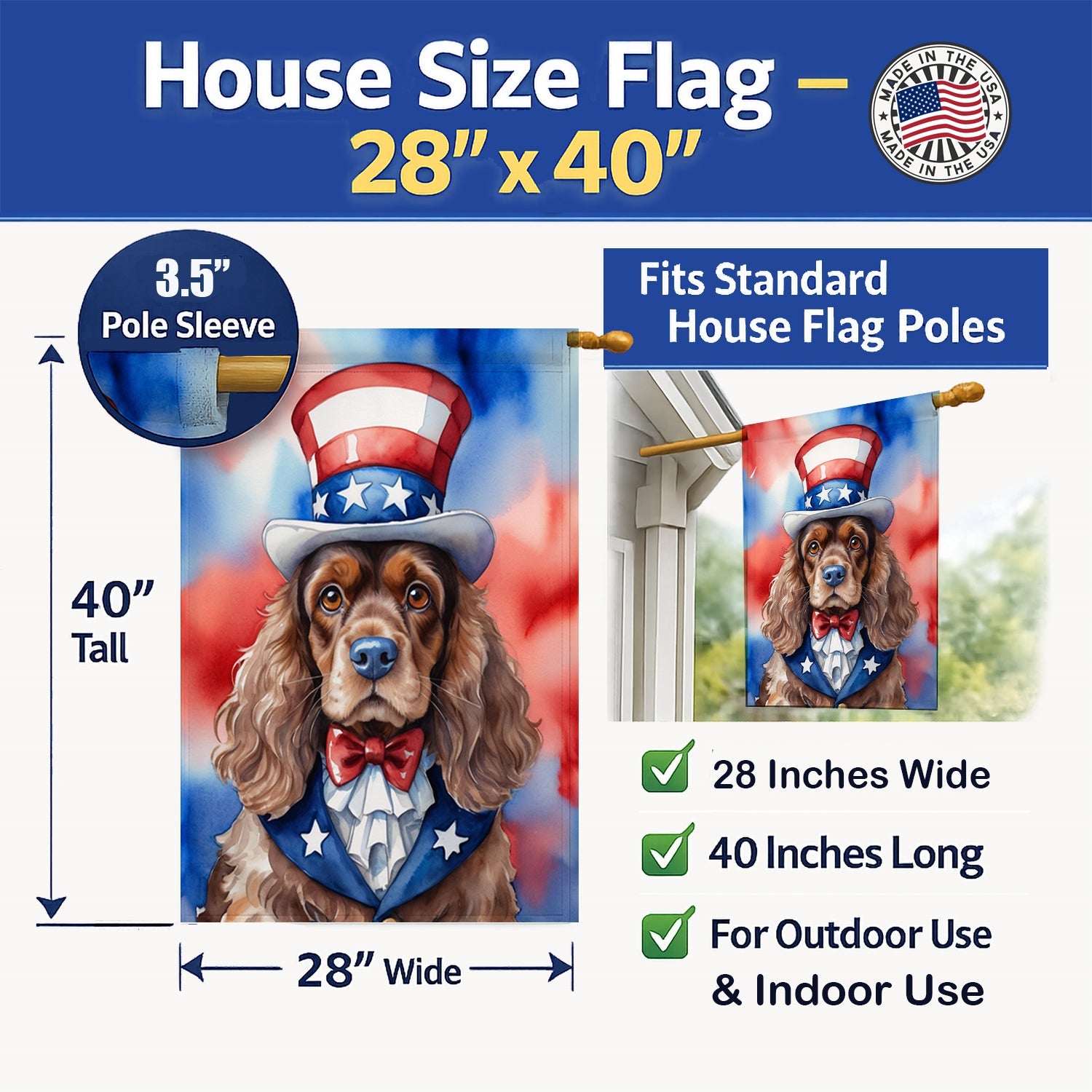 Cocker Spaniel Patriotic American House Flag 28x40 Porch Sleeve Pole Decorative Outside Yard Banner Artwork Wall Hanging, Polyester