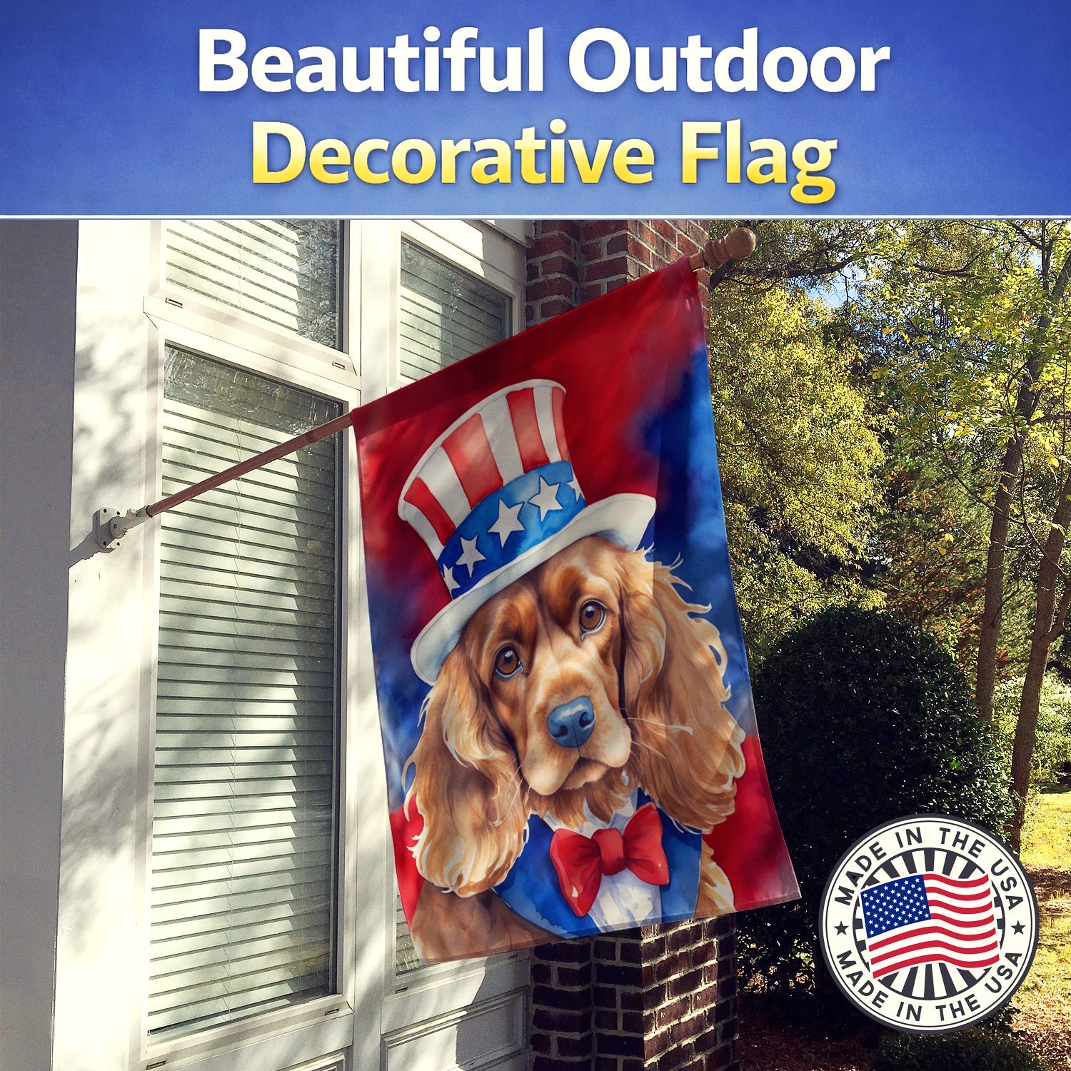 Cocker Spaniel Patriotic American House Flag 28x40 Porch Sleeve Pole Decorative Outside Yard Banner Artwork Wall Hanging, Polyester