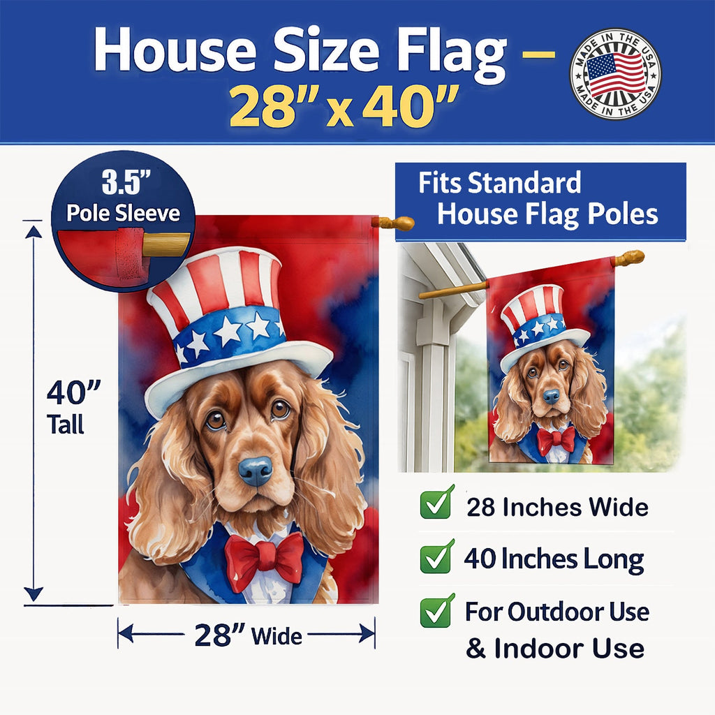 Cocker Spaniel Patriotic American House Flag 28x40 Porch Sleeve Pole Decorative Outside Yard Banner Artwork Wall Hanging, Polyester
