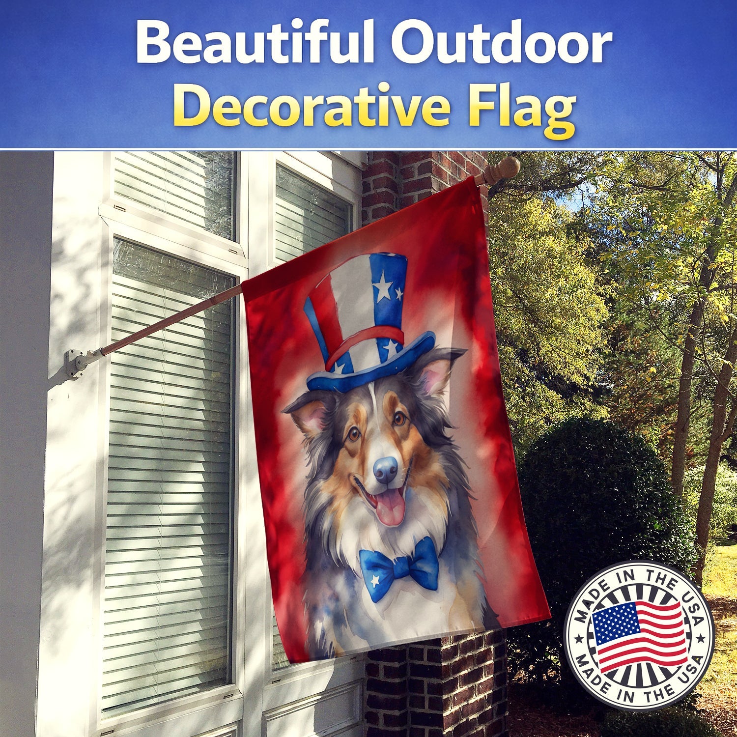 Collie Patriotic American House Flag 28x40 Porch Sleeve Pole Decorative Outside Yard Banner Artwork Wall Hanging, Polyester