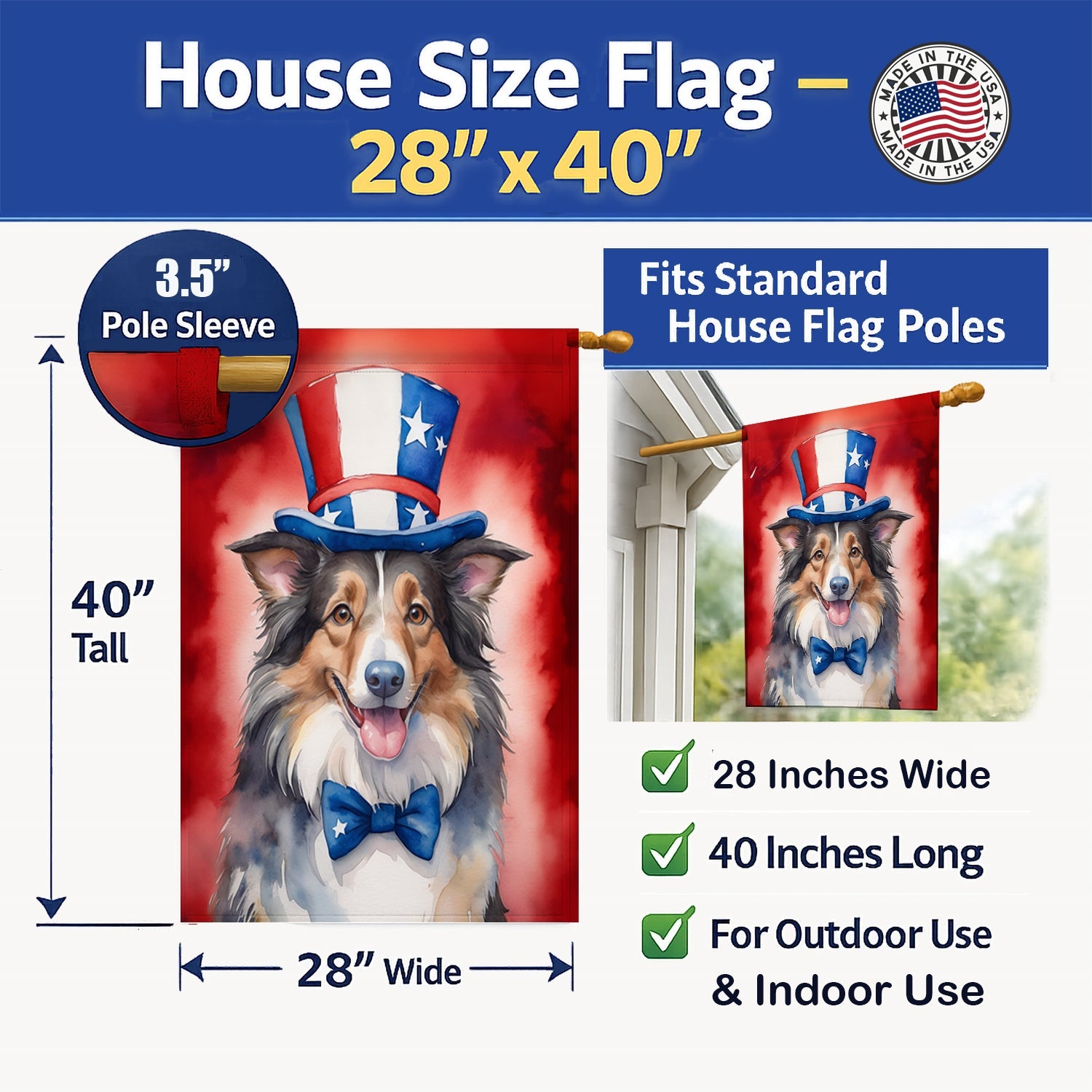 Collie Patriotic American House Flag 28x40 Porch Sleeve Pole Decorative Outside Yard Banner Artwork Wall Hanging, Polyester