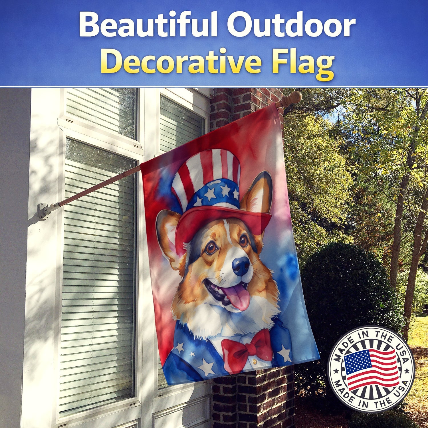 Corgi Patriotic American House Flag 28x40 Porch Sleeve Pole Decorative Outside Yard Banner Artwork Wall Hanging, Polyester