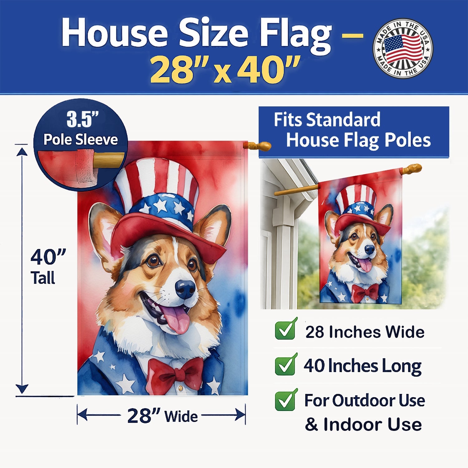 Corgi Patriotic American House Flag 28x40 Porch Sleeve Pole Decorative Outside Yard Banner Artwork Wall Hanging, Polyester