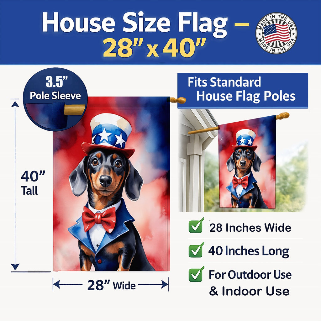 Dachshund Patriotic American House Flag 28x40 Porch Sleeve Pole Decorative Outside Yard Banner Artwork Wall Hanging, Polyester