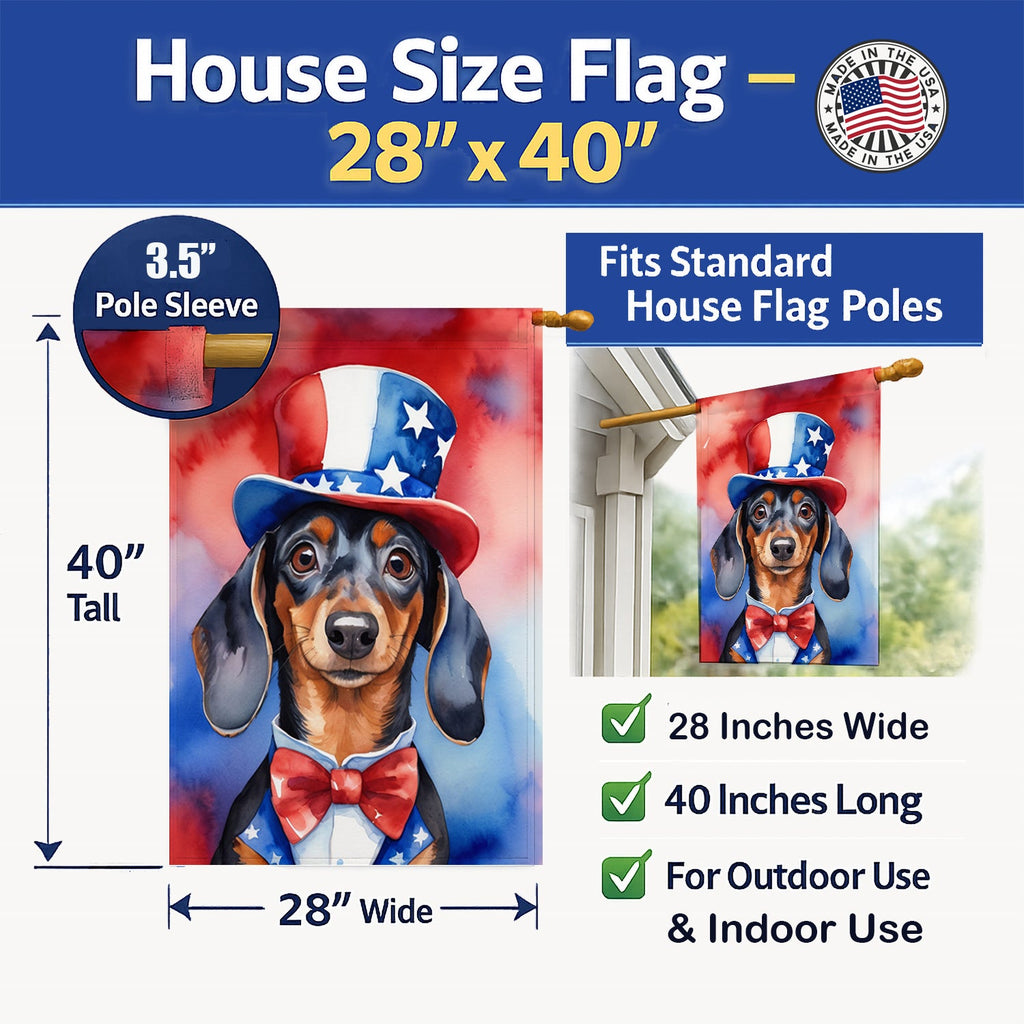 Dachshund Patriotic American House Flag 28x40 Porch Sleeve Pole Decorative Outside Yard Banner Artwork Wall Hanging, Polyester
